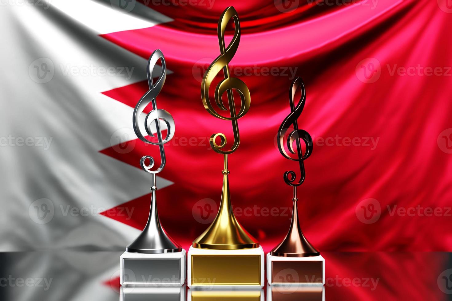 premi a chiave di violino per aver vinto il premio musicale sullo sfondo della bandiera nazionale del bahrain, illustrazione 3d. foto