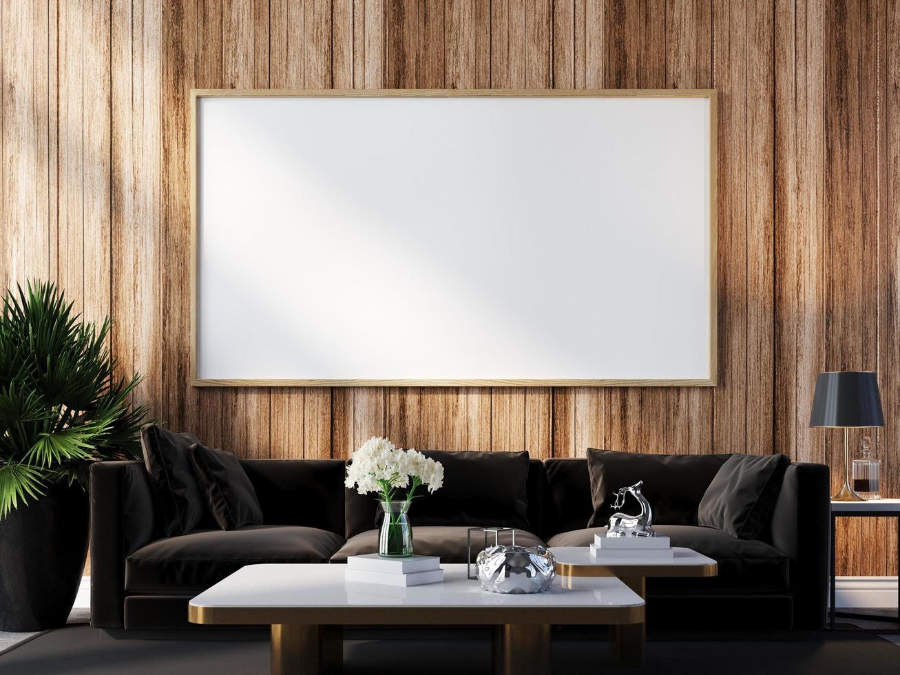 mock up cornice poster in interni moderni pavimento in legno muro di cemento sfondo, stile scandinavo, stile loft, rendering 3d, foto