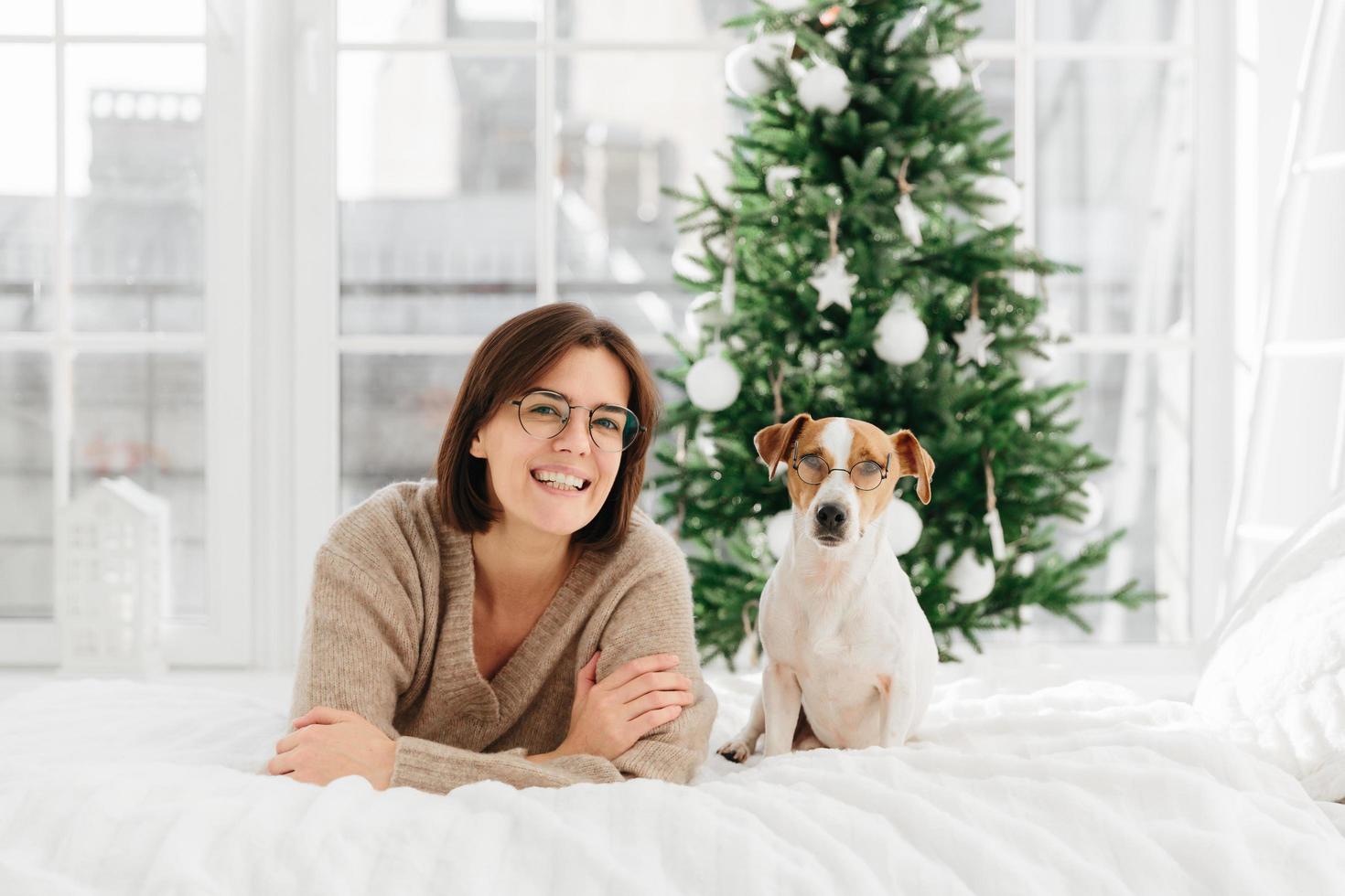 la donna gioiosa con i capelli corti e scuri indossa occhiali e occhiali rotondi, il cane divertente con gli occhiali posa vicino all'ospite, sdraiato sul letto, riposati durante la vigilia di Natale, divertiti insieme. decorazione del nuovo anno foto