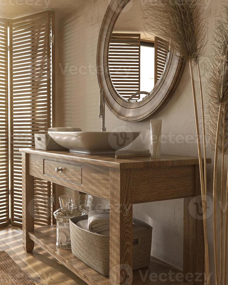 stile scandinavo boho sullo sfondo degli interni domestici. bagno beige con mobili in legno naturale. rendering 3D. illustrazione 3D. foto