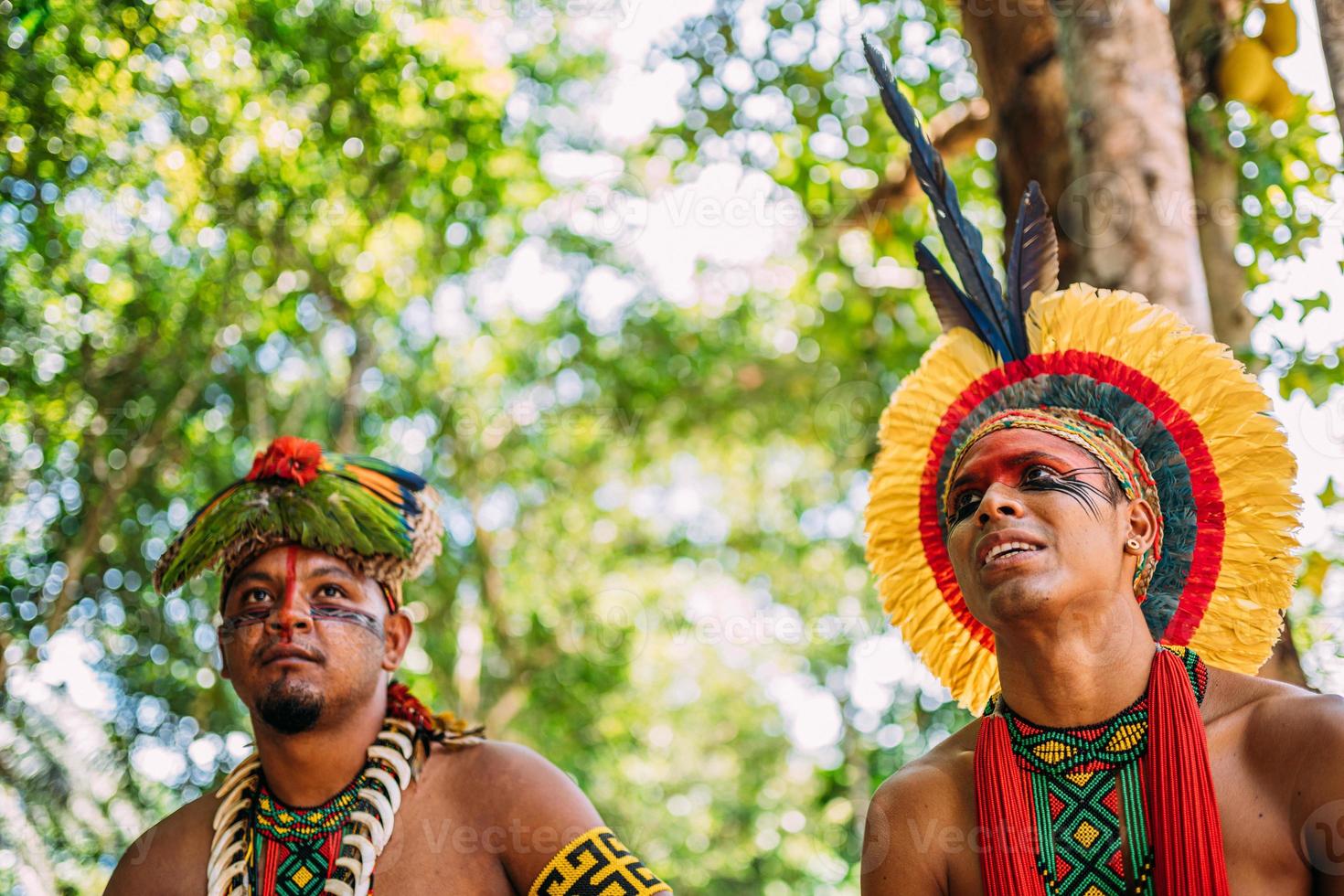 due indiani della tribù pataxo. indiano brasiliano del sud di bahia con copricapo di piume, collana e tradizionali dipinti facciali che guardano a sinistra foto