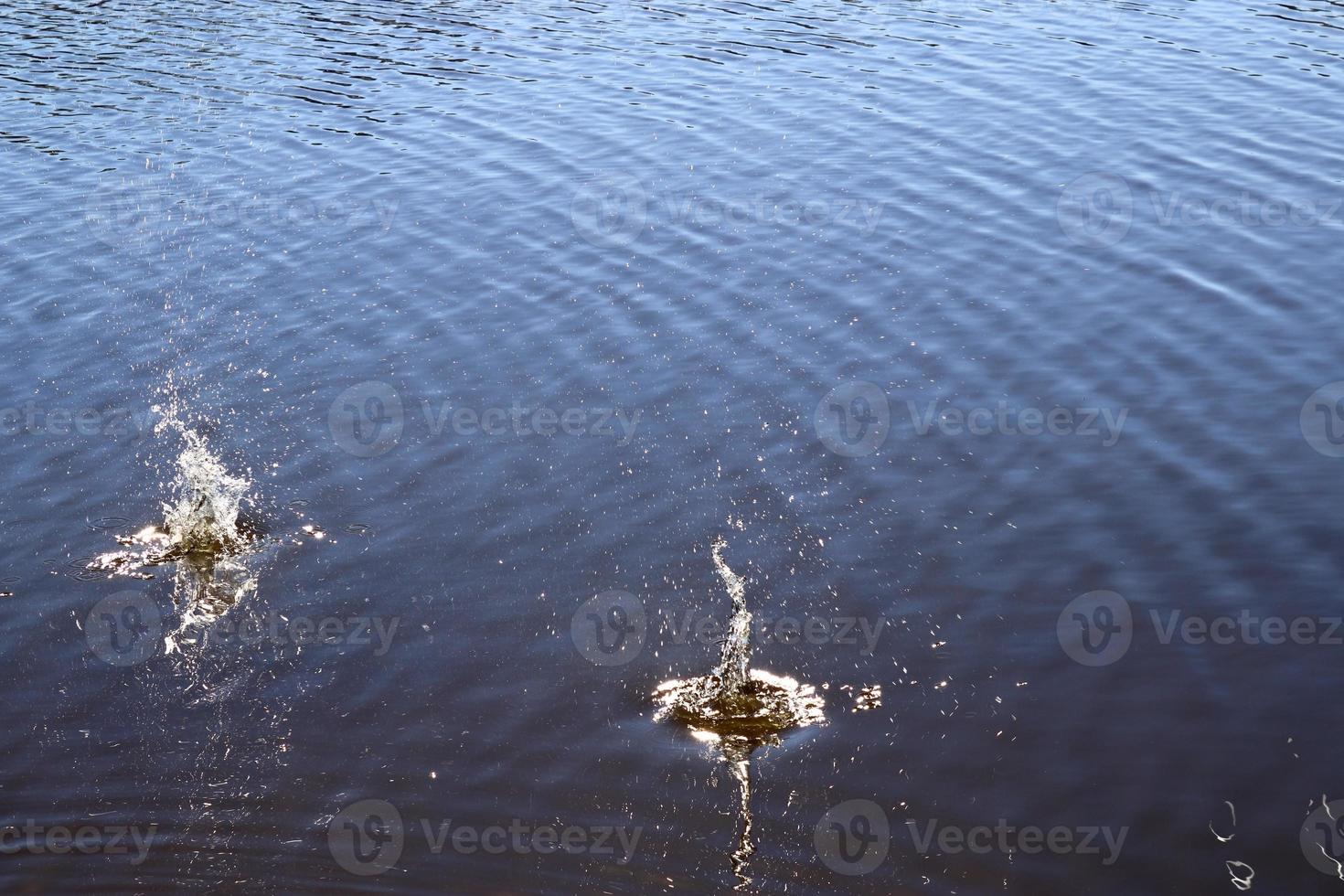 bella acqua in un lago con spruzzi d'acqua e increspature sulla superficie con nuvole e riflessi di cielo blu foto