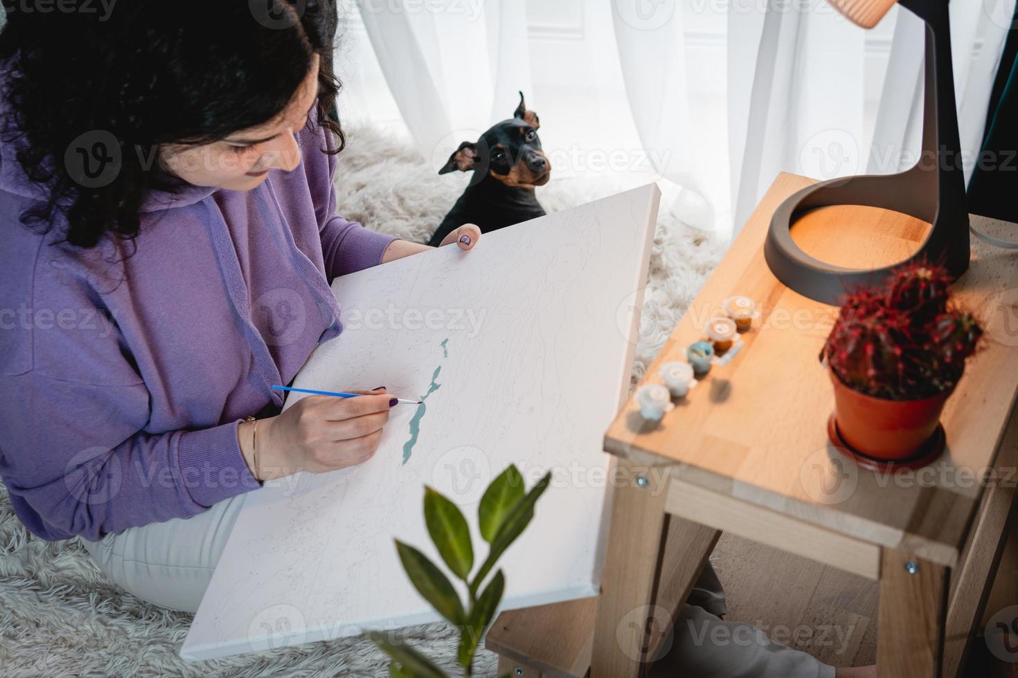 la donna adulta che dipinge con numeri, colori pastello, disegna su tela foto