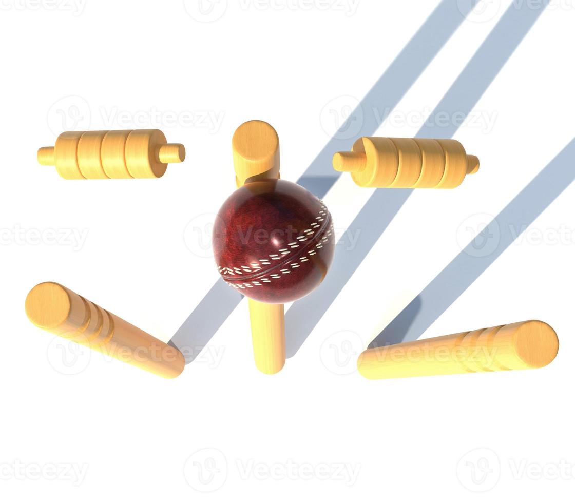 palla rossa in pelle che colpisce un obiettivo di cricket 3d rendering illustrazione foto