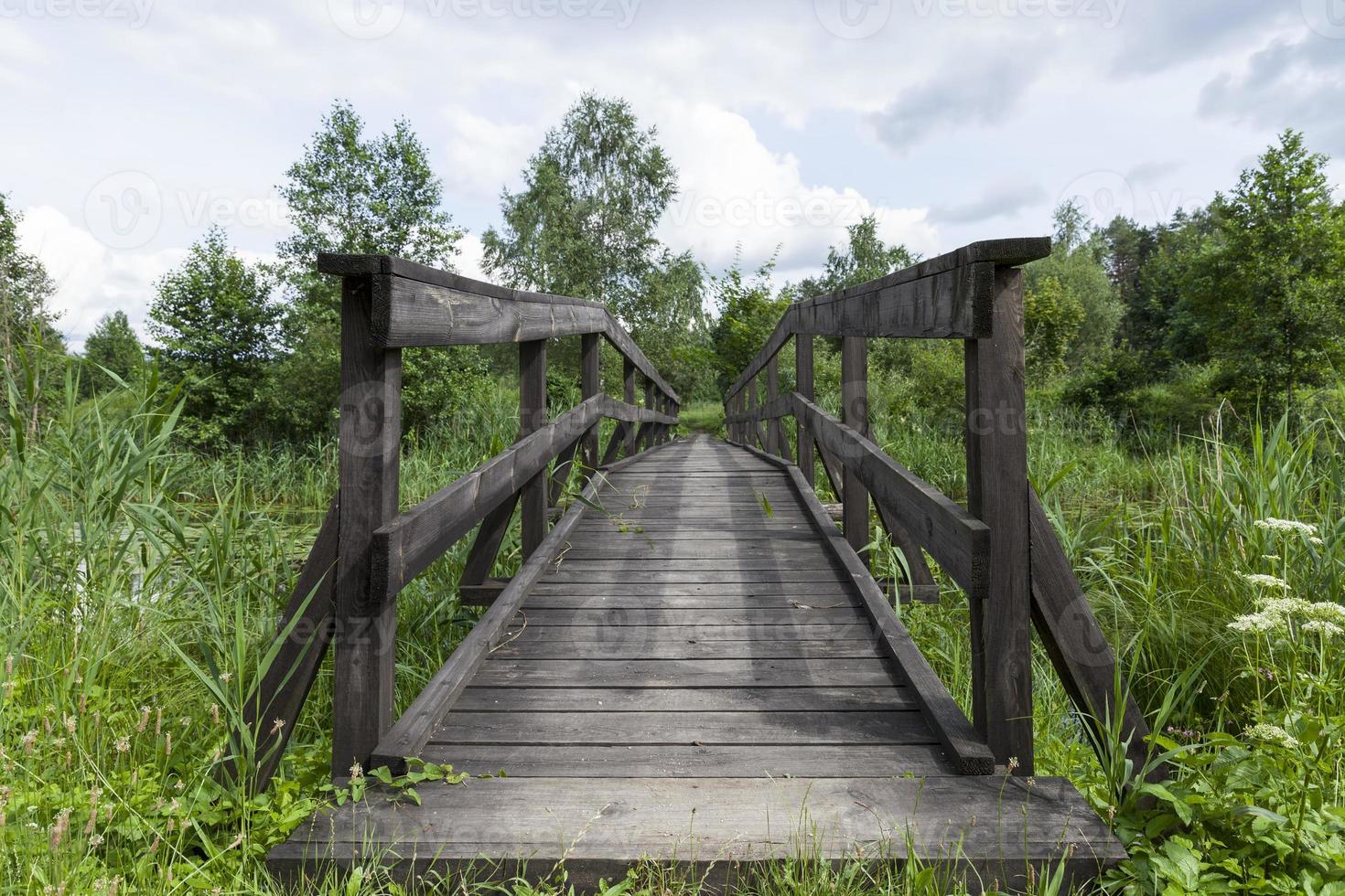 vecchio ponte di legno costruito sul lago foto