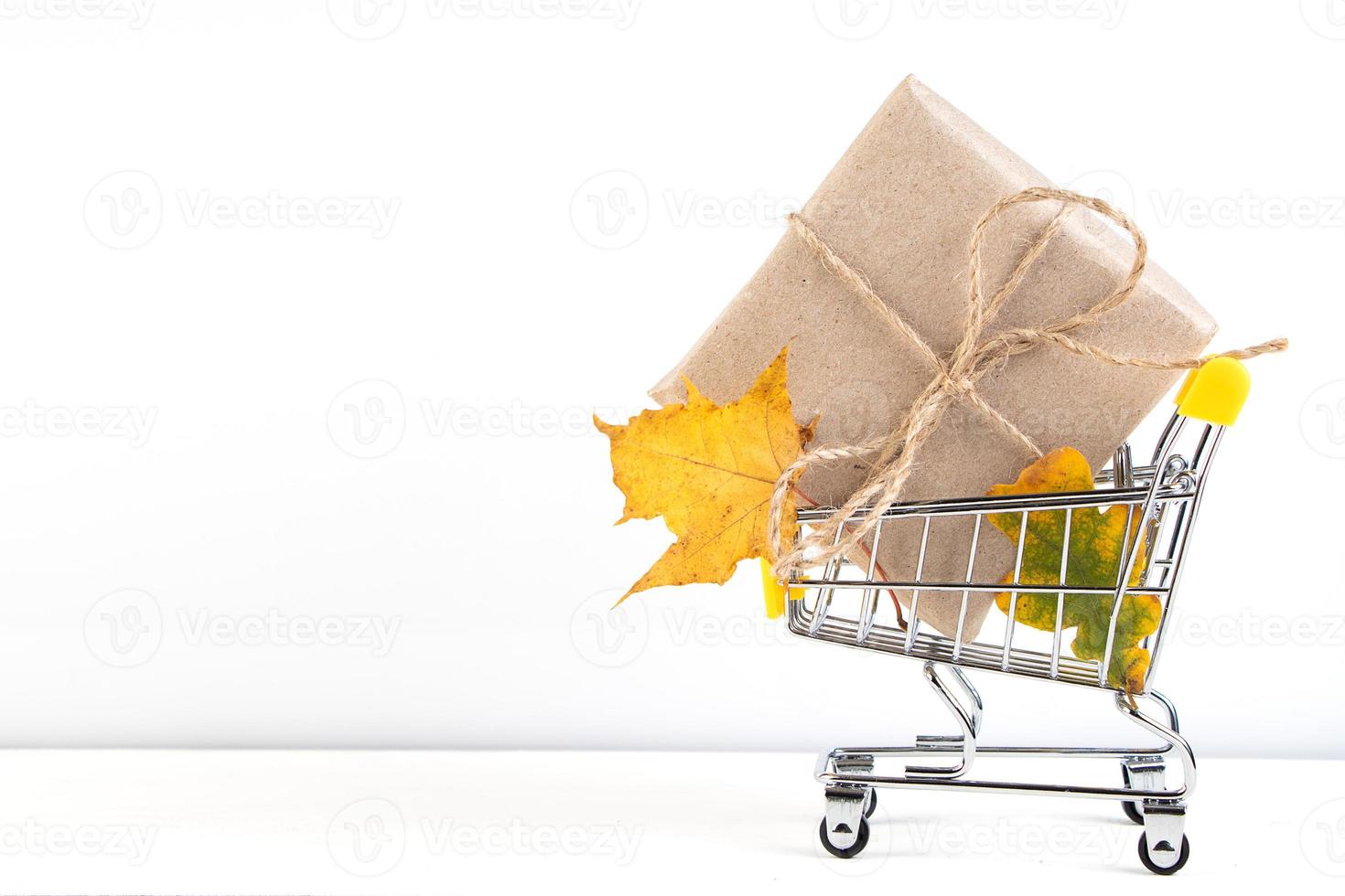 vendita autunnale. banner di sconto per la pubblicità. carrello della spesa e foglie gialle cadute su sfondo bianco. foto