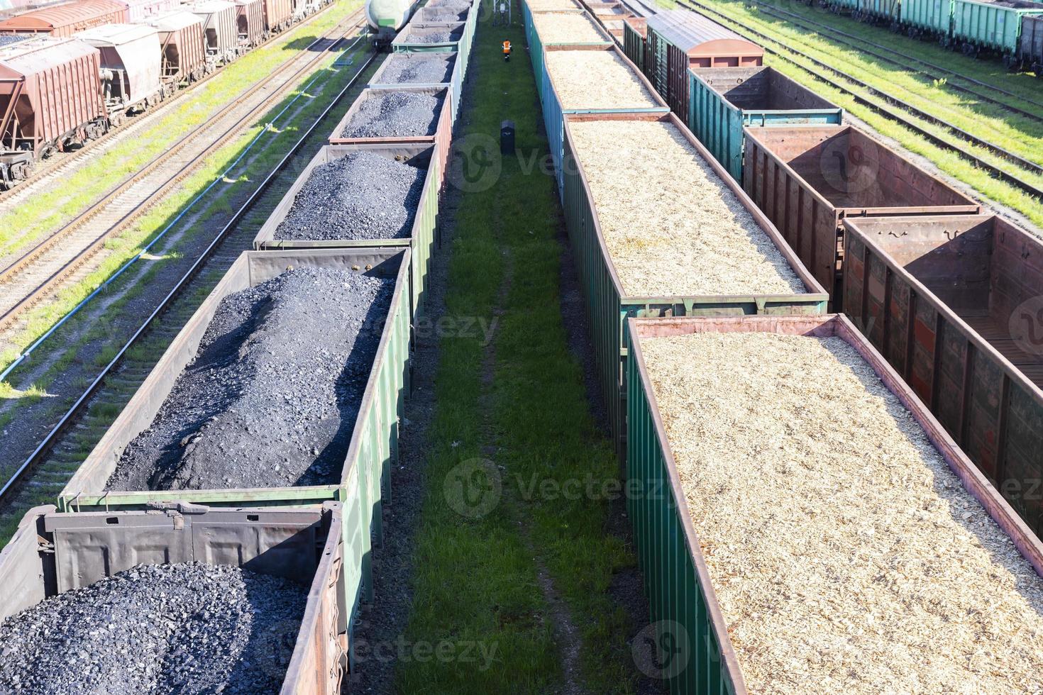 vagoni di carbone, trucioli di legno e segatura sul treno. il riscaldamento globale. produzione di energia. foto