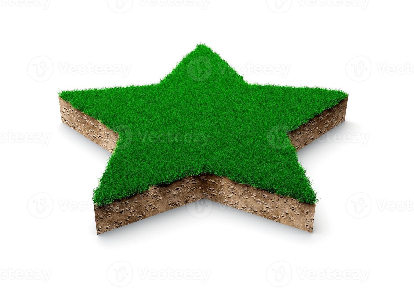 sezione trasversale della geologia del suolo a forma di stella con erba verde, illustrazione 3d isolata tagliata del fango della terra foto