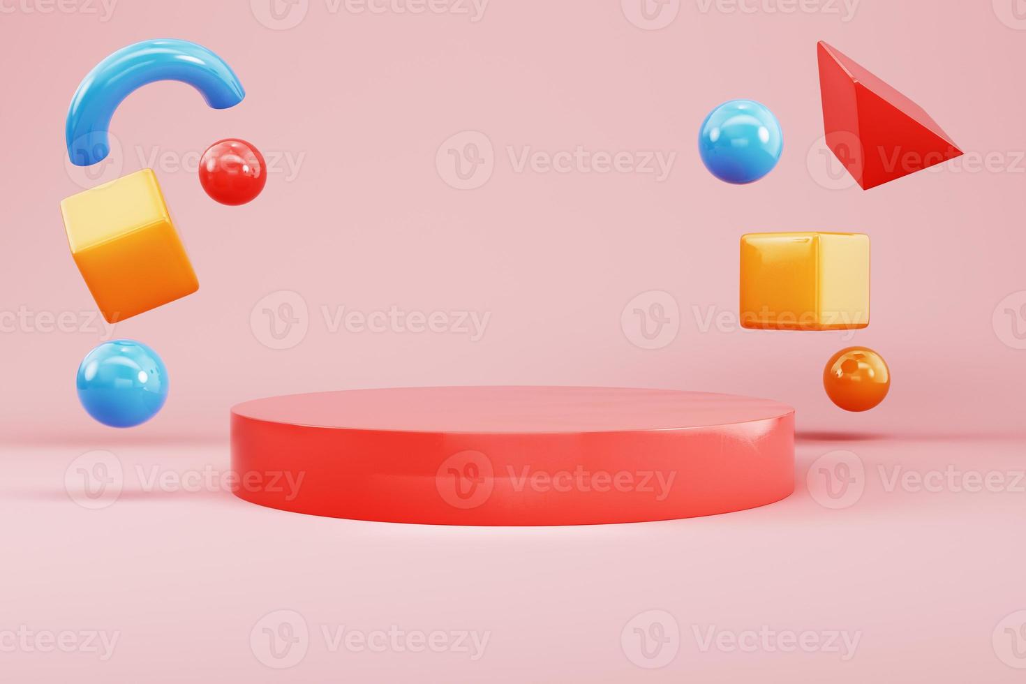 piedistallo cilindrico rosso con forme geometriche volanti astratte volanti su sfondo pastello per la visualizzazione del prodotto foto
