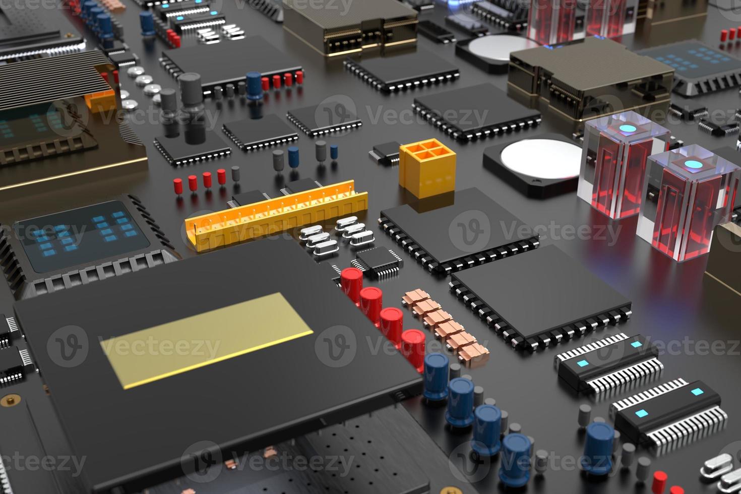 circuito stampato con microchip, processori e altre parti di computer su sfondo scuro. rendering 3d foto