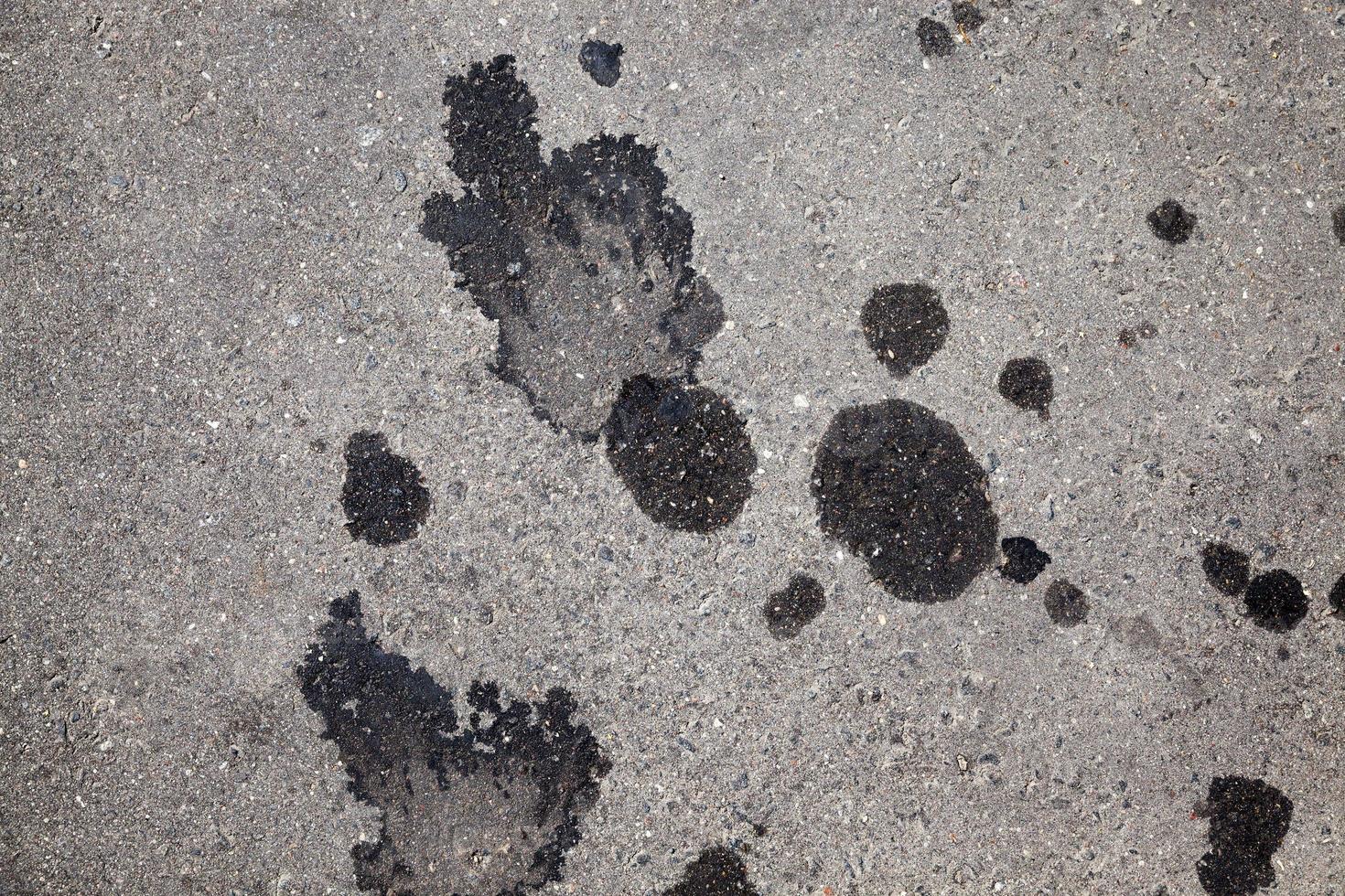 macchie di olio per auto su una strada asfaltata foto