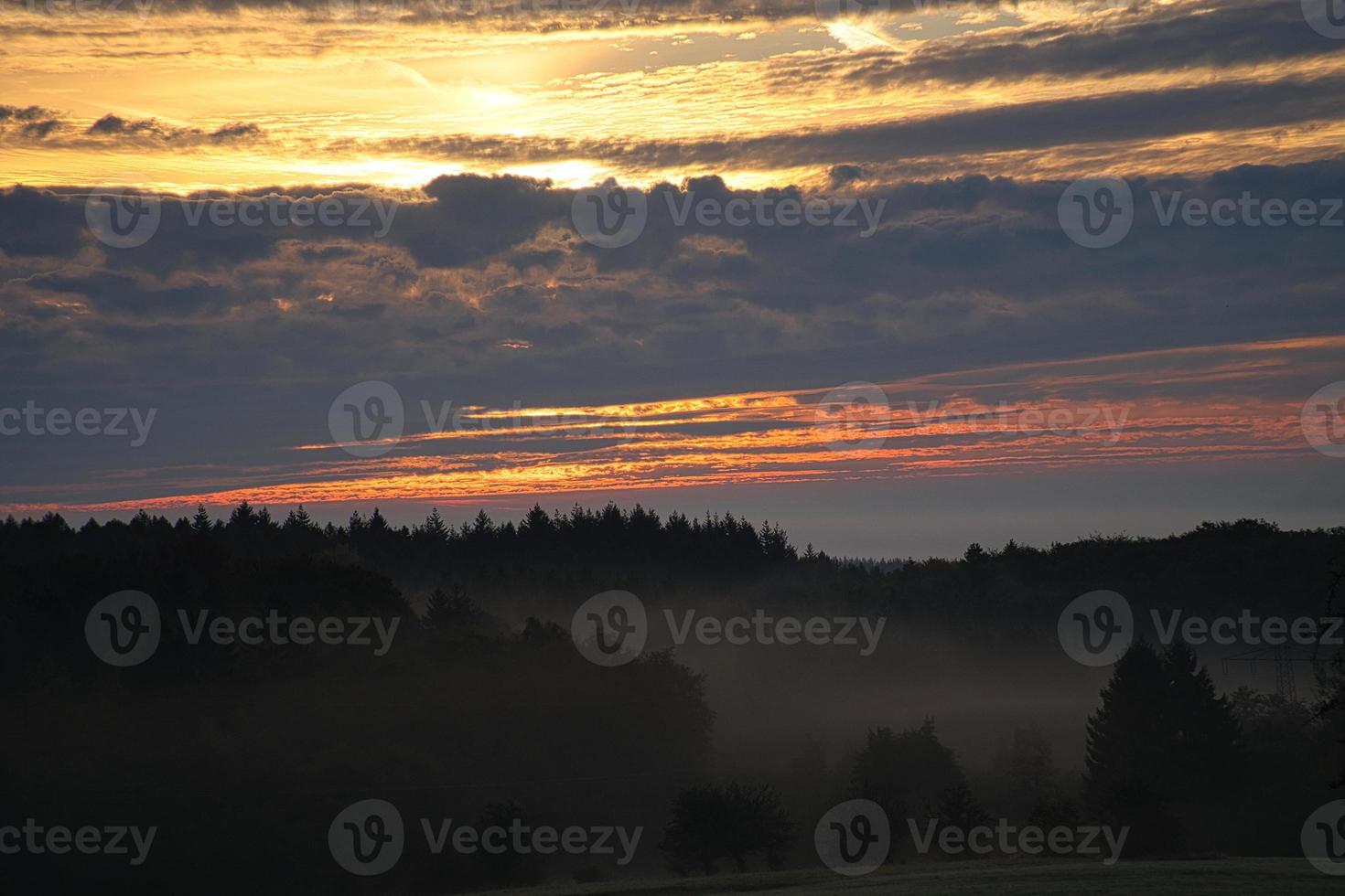 sole che sorge sul prato nebbioso al mattino nel saarland foto