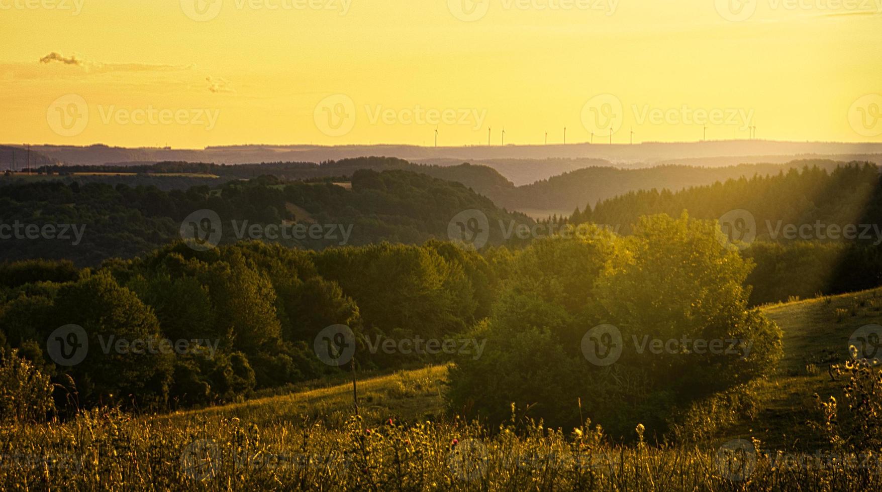 tramonto nel saarland su un prato con alberi e vista sulla valle. calda atmosfera foto