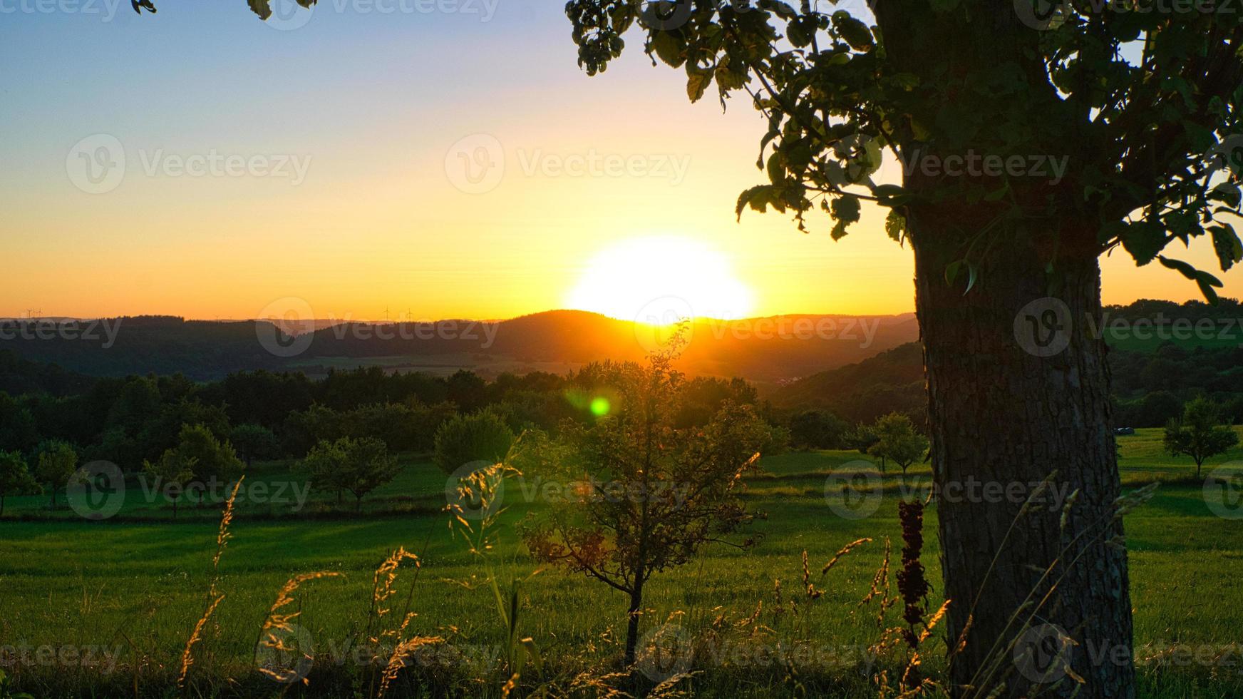 tramonto nel saarland su un prato con alberi e vista sulla valle foto