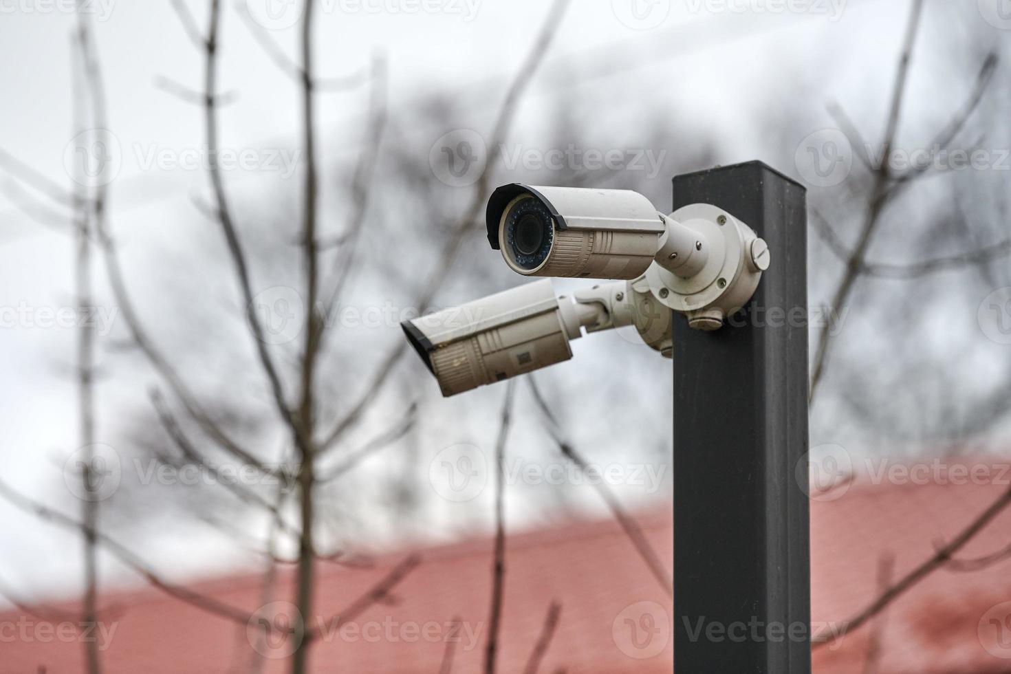 telecamera di sicurezza ip cctv su palo, paesaggio urbano foto