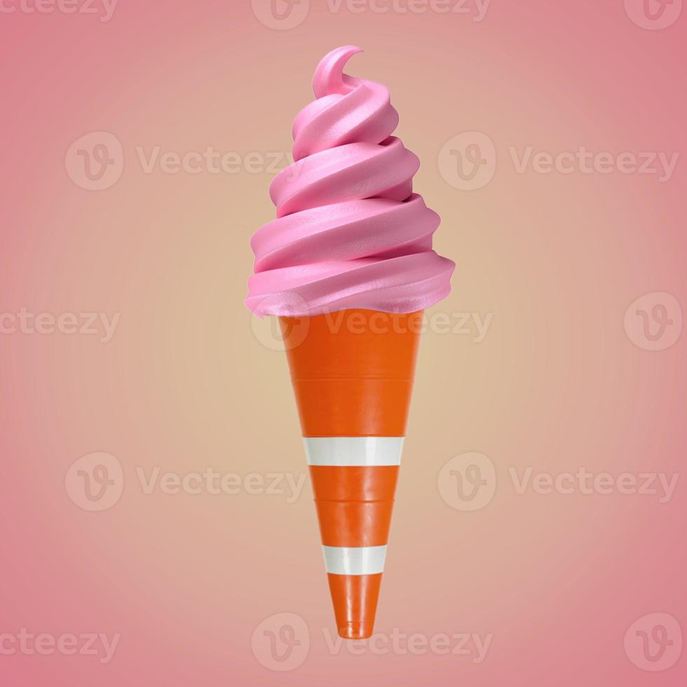 gelato al lampone rosa in un cono di avviso sul traffico. idea creativa per la pubblicità. idea estiva con gelato. sfondo rosa. foto