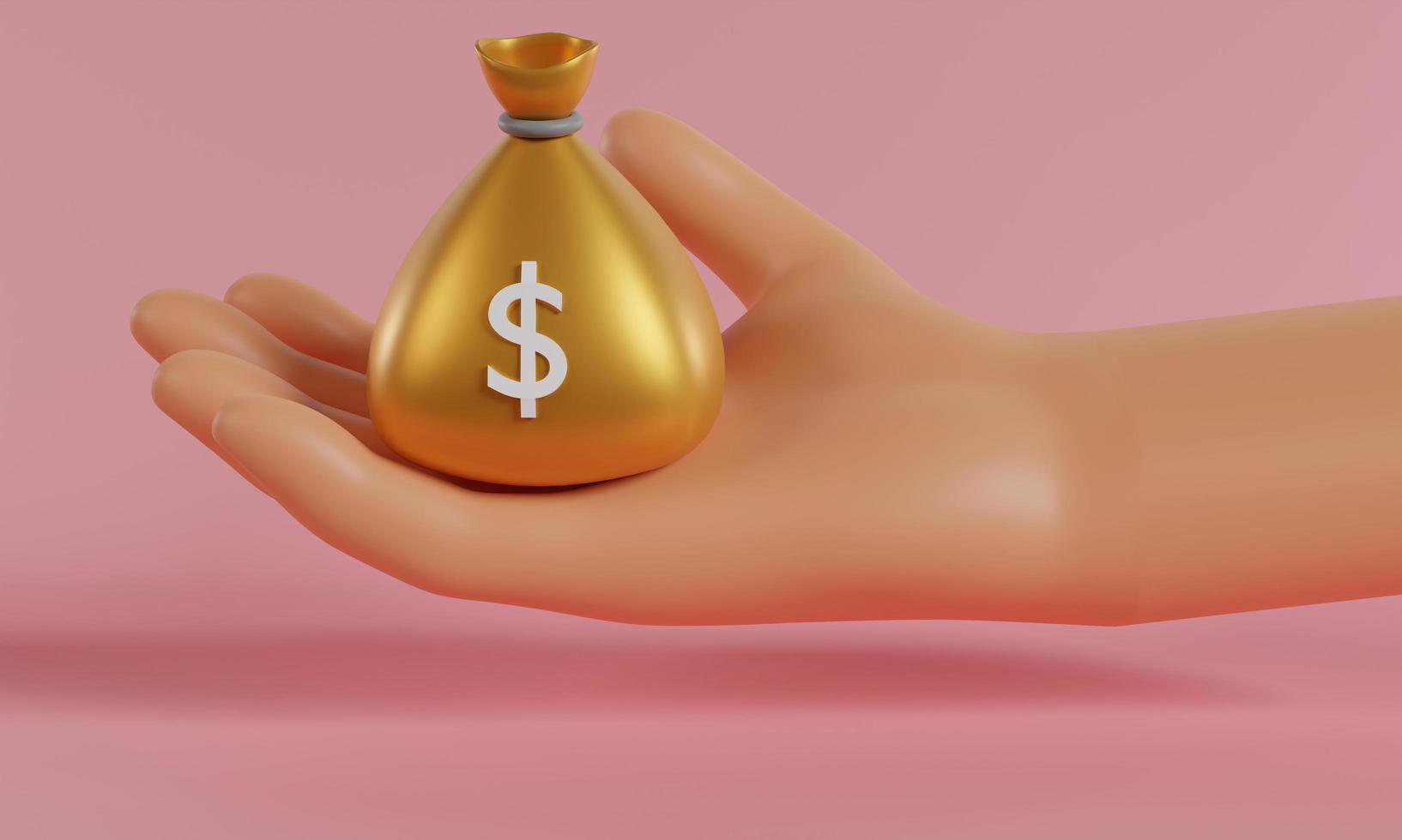 Mano del fumetto 3d che tiene la borsa dei soldi con l'icona del dollaro su fondo rosa. rendering 3D. foto