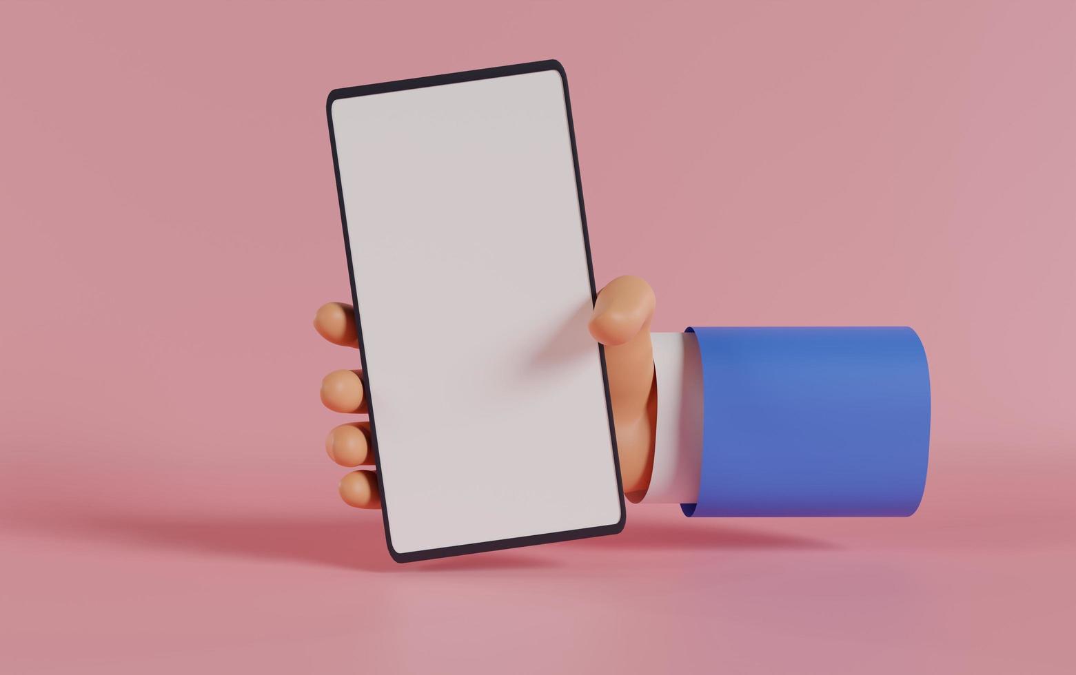 3d cartone animato mano che tiene smartphone isolato su sfondo rosa, mano utilizzando il modello di telefono cellulare. 3d render illustration.jpg foto