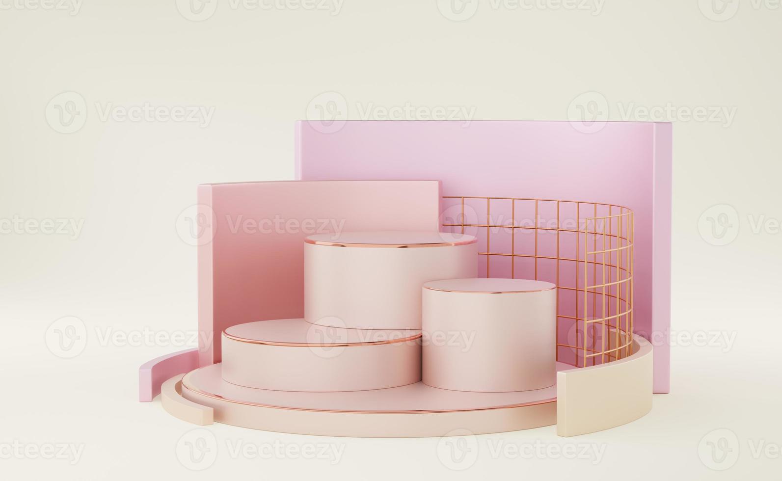 3 podio vuoto a cilindro rosa antico con bordo in rame, griglia dorata, parete quadrata rosa sullo sfondo. oggetto di forma geometrica 3d studio minimale di lusso astratto. spazio mockup del design del prodotto. rendering 3d. foto