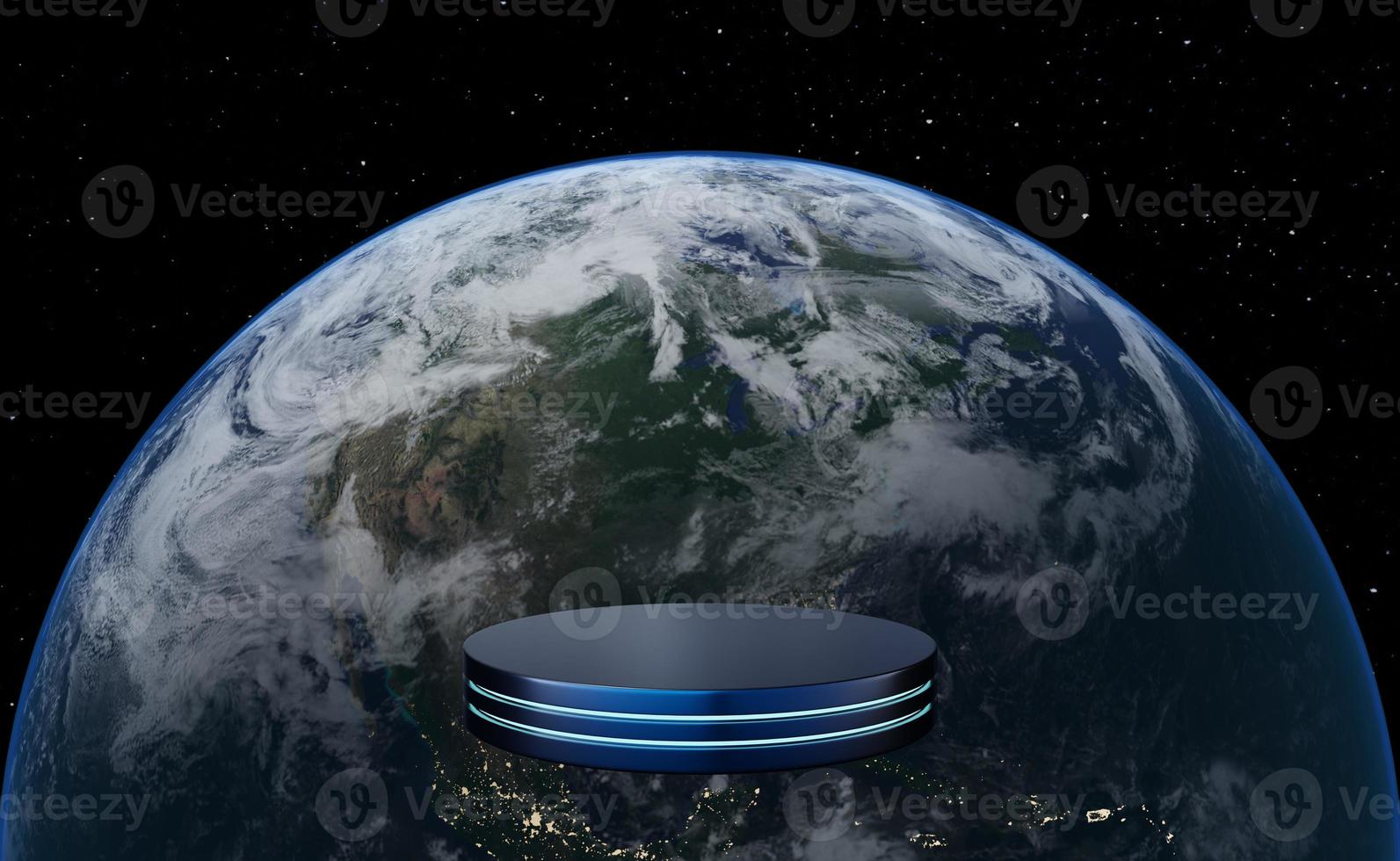 podio del cilindro blu vuoto che galleggia con la terra. alba realistica sulla terra con luci notturne dallo spazio. spazio mockup del piedistallo per il moderno e la tecnologia. progettazione di prodotti digitali futuri. rendering 3d foto