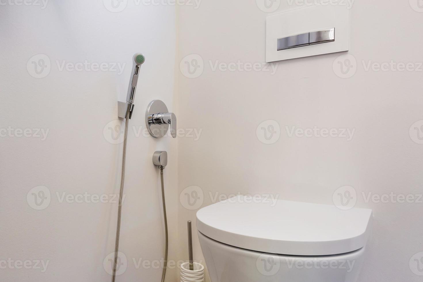 wc e dettaglio di un bidet doccia ad angolo con attacco doccia a parete foto