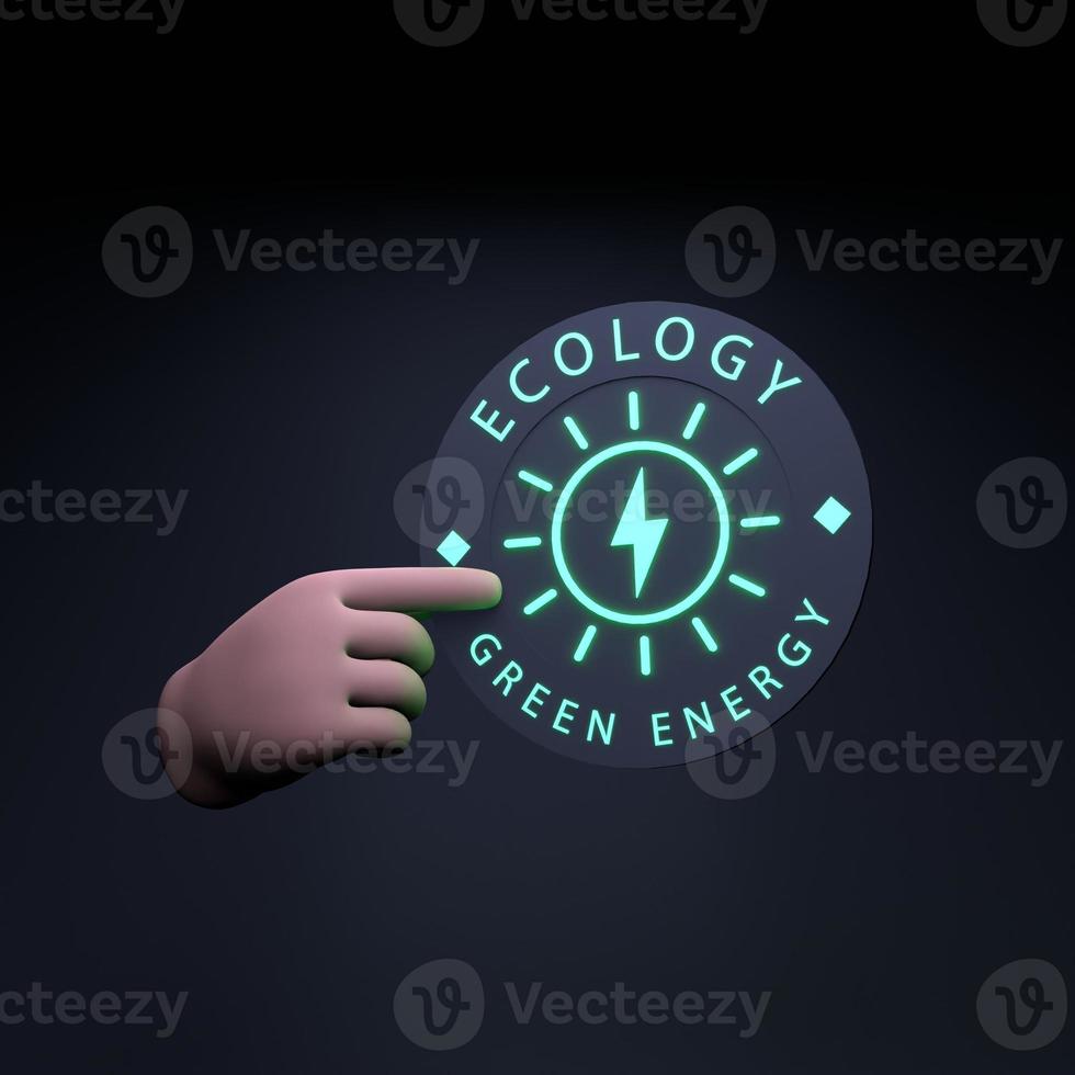 la mano tiene un'icona al neon sul tema dell'eco. concetto di ecologia. illustrazione di rendering 3d. foto