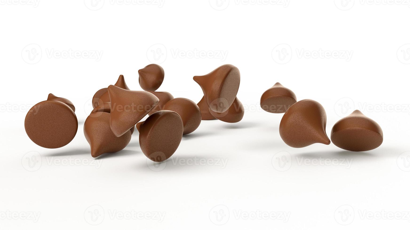 gocce di cioccolato 3d lucide che cadono su sfondo bianco. foto