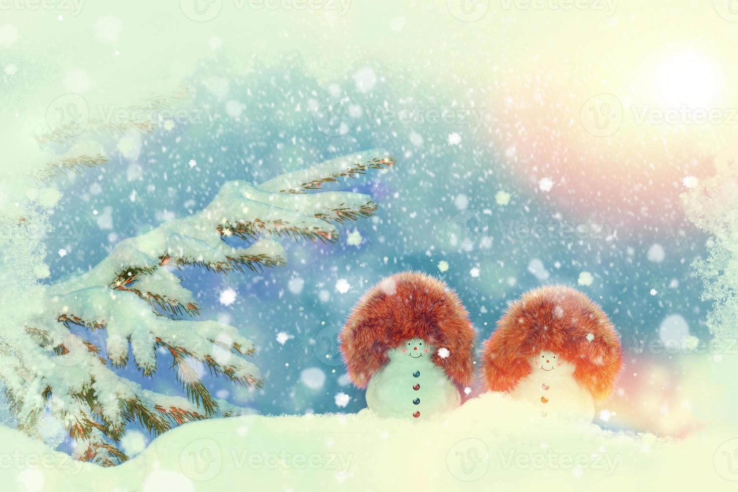 felice pupazzo di neve. paesaggio invernale. buon natale e felice anno nuovo biglietto di auguri foto