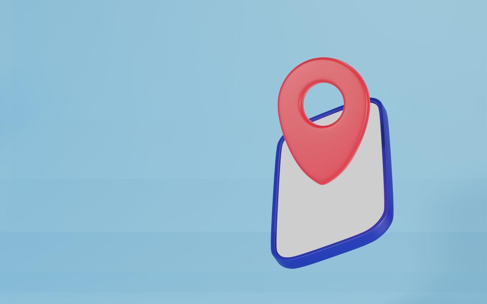 pin pointer gps con schermo bianco dello smartphone su bcakground azzurro. concetto di viaggio in posizione. cartone animato minimo. illustrazione di rendering 3d foto