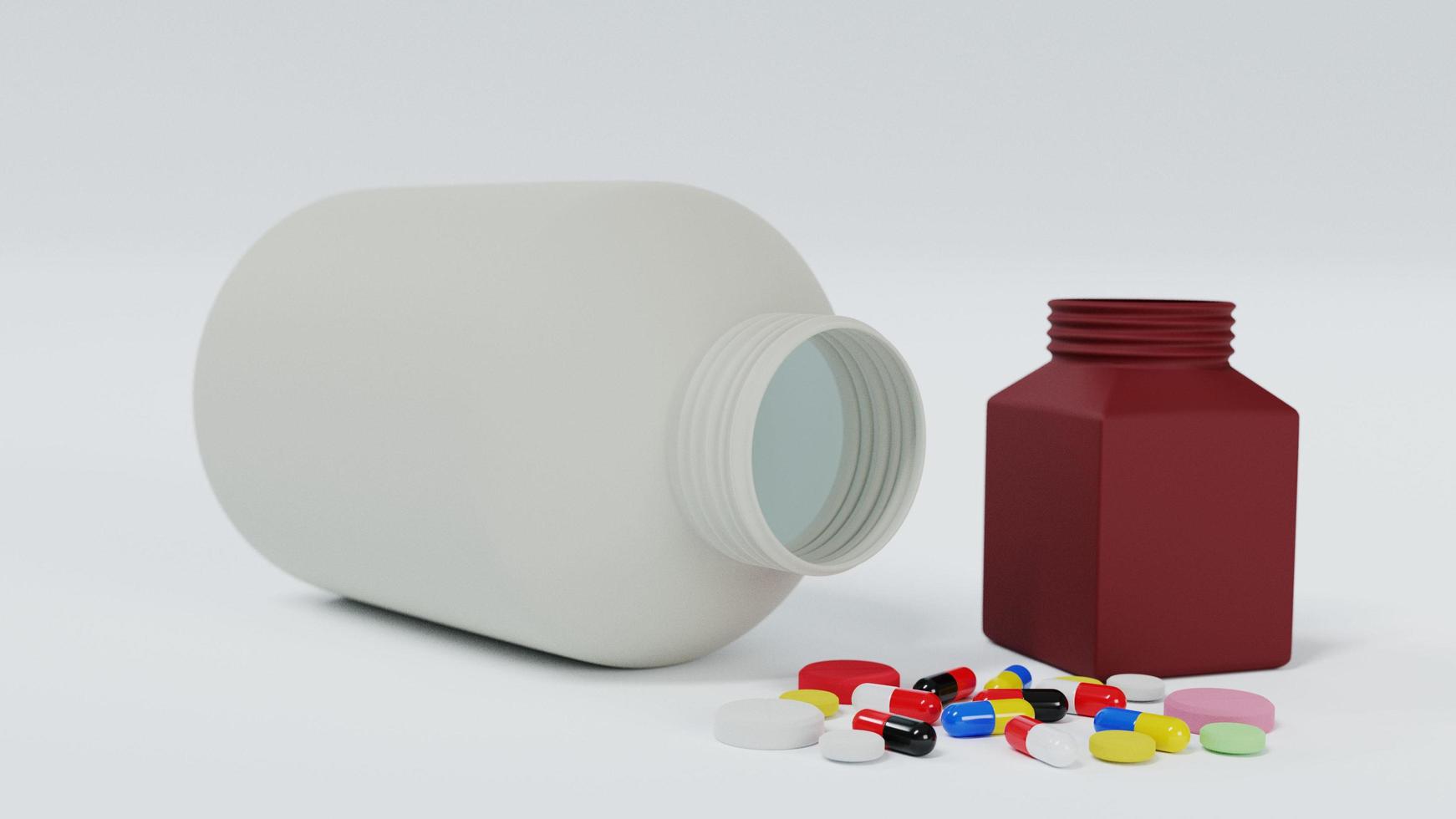 capsula farmaco bottiglia di plastica bianca e marrone isolata su sfondo bianco. la medicina è una capsula colorata con caduta. rafforza il sistema immunitario. foto