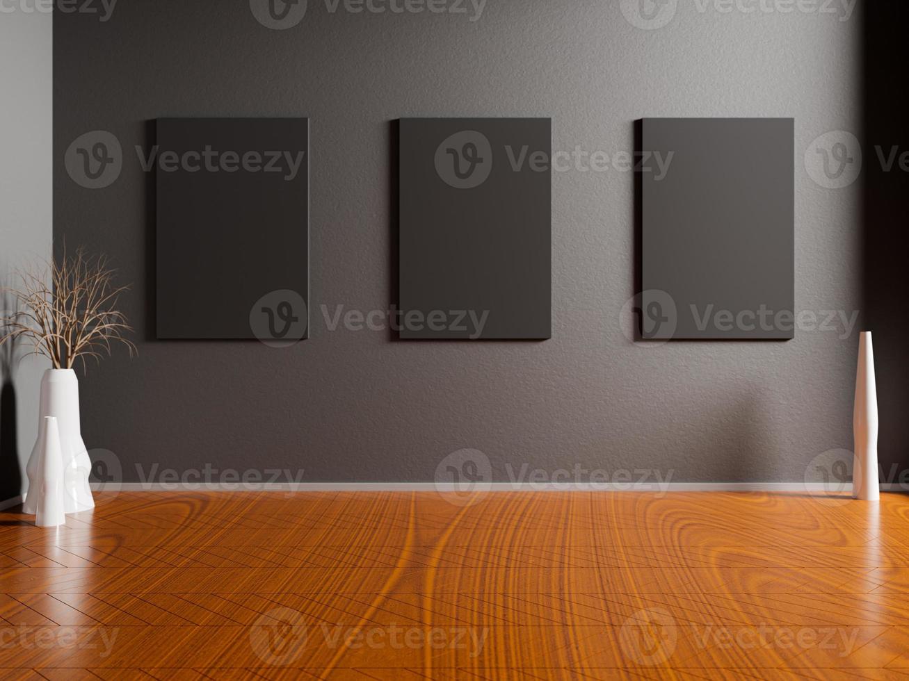 Cornice di pittura di rendering 3d in soggiorno vuoto e pavimento in legno per mockup foto