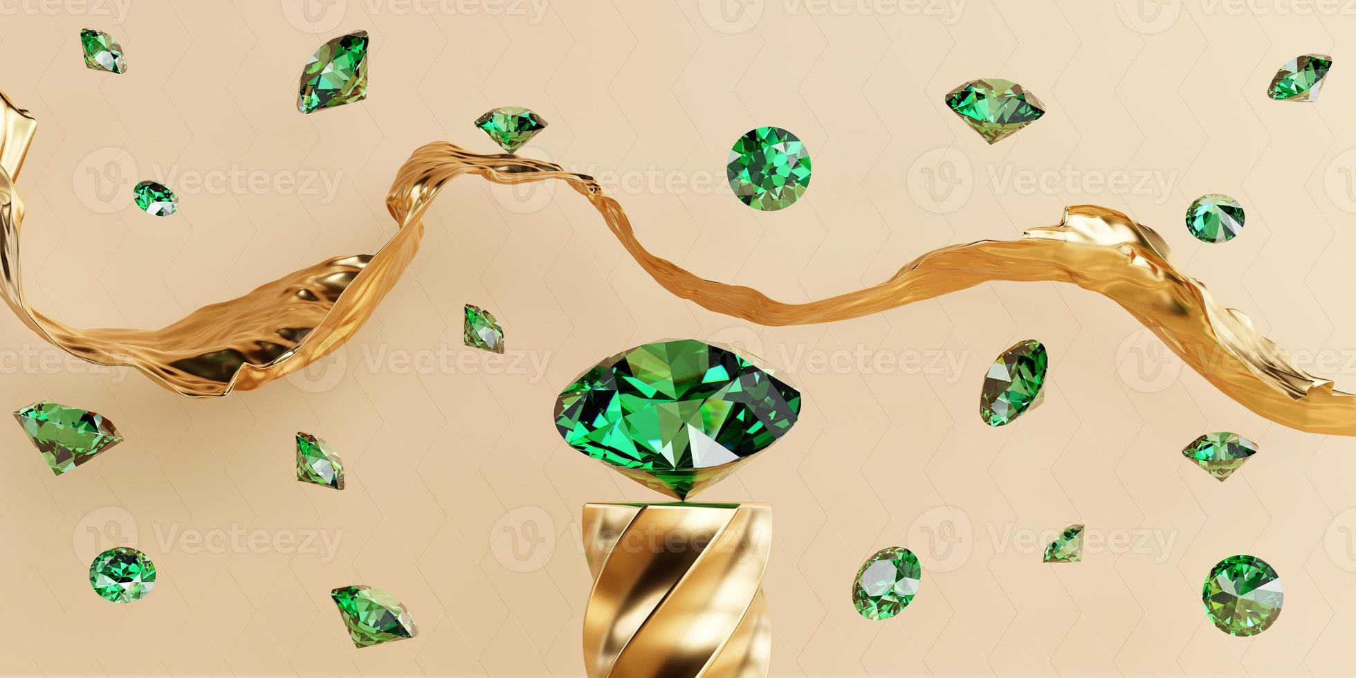 gemme di diamante verde che cadono su sfondo dorato rendering 3d foto