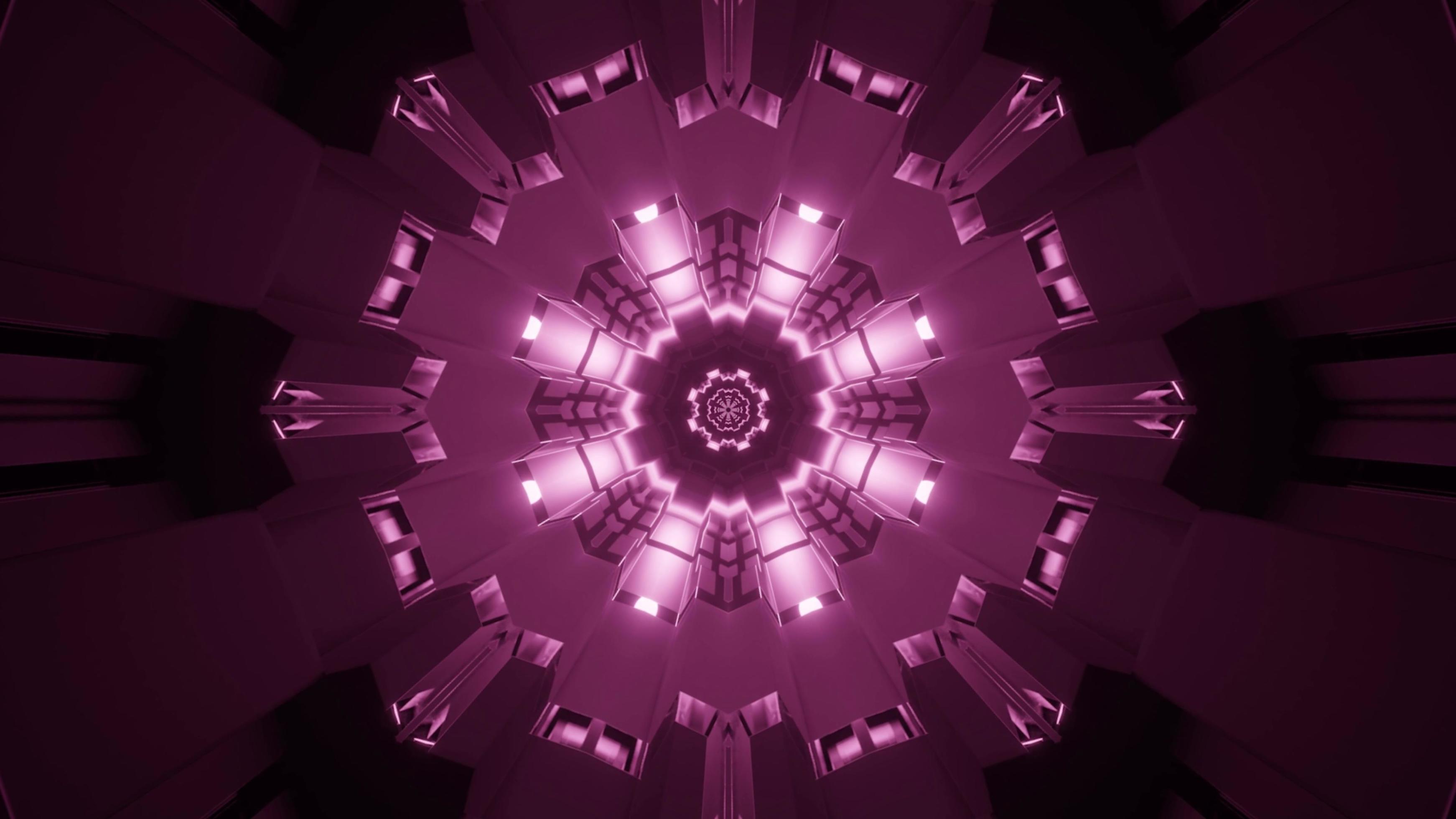 illustrazione 3d caleidoscopio di luci e forme viola e bianche per sfondo o carta da parati foto