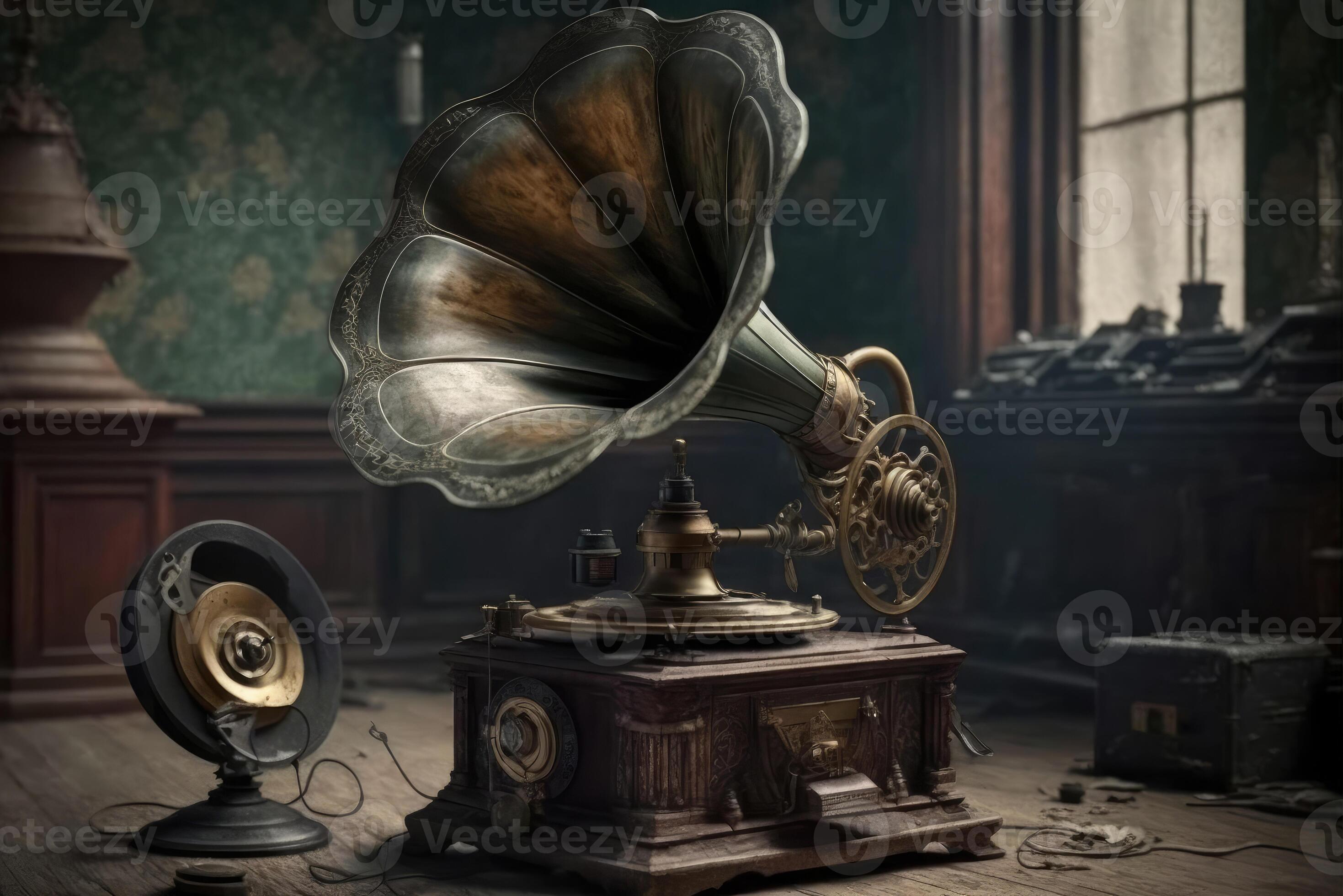 un vecchio Vintage ▾ grammofono nel steampunk stile sta nel un quasi vuoto  camera, alcuni leggero cascate attraverso il finestra. creato con  generativo ai tecnologia. 21885469 Stock Photo su Vecteezy