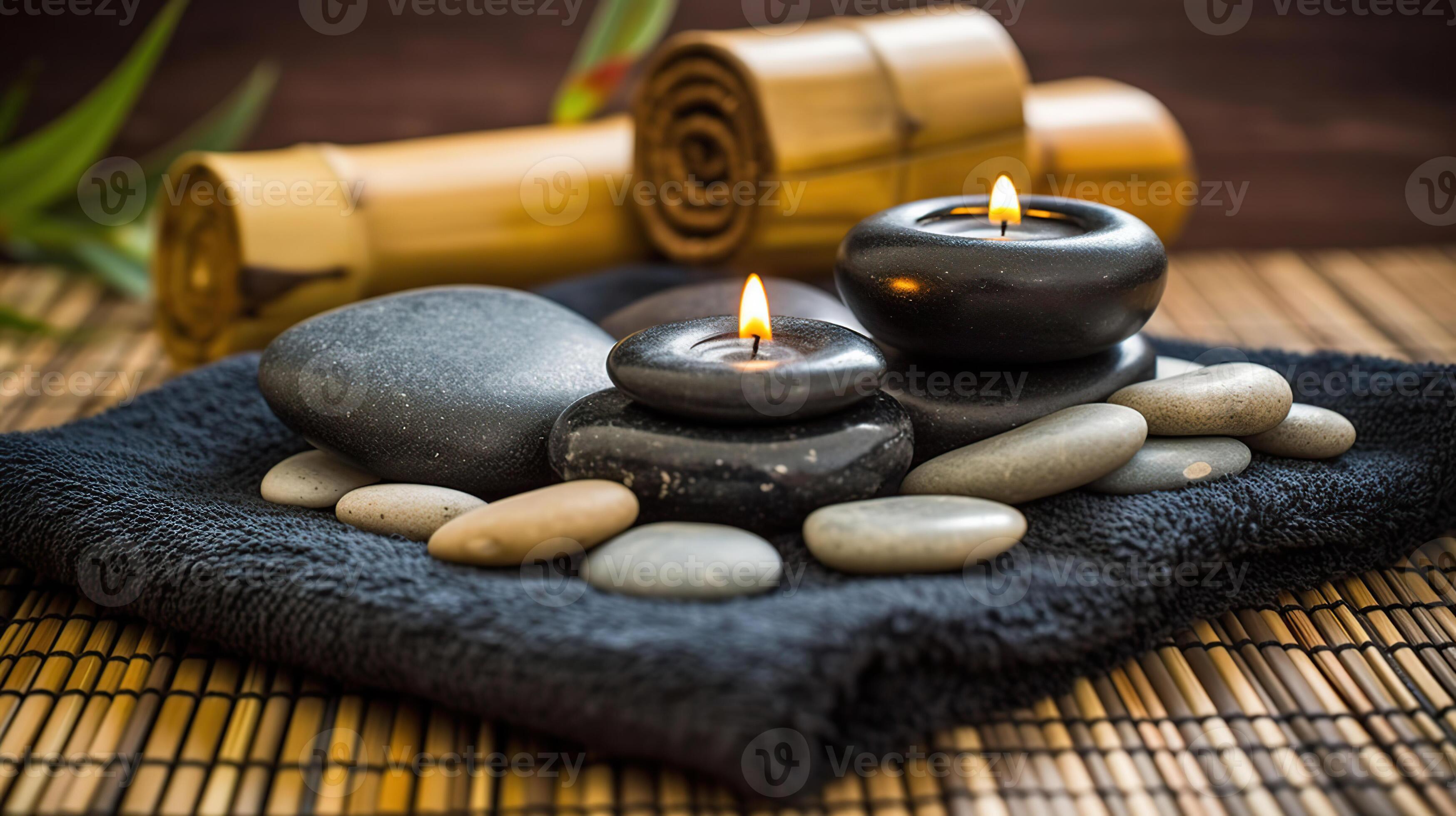 terme massaggio pietre con candele e asciugamani su bambù stuoia -  meditazione concetto, generativo ai 23219665 Stock Photo su Vecteezy