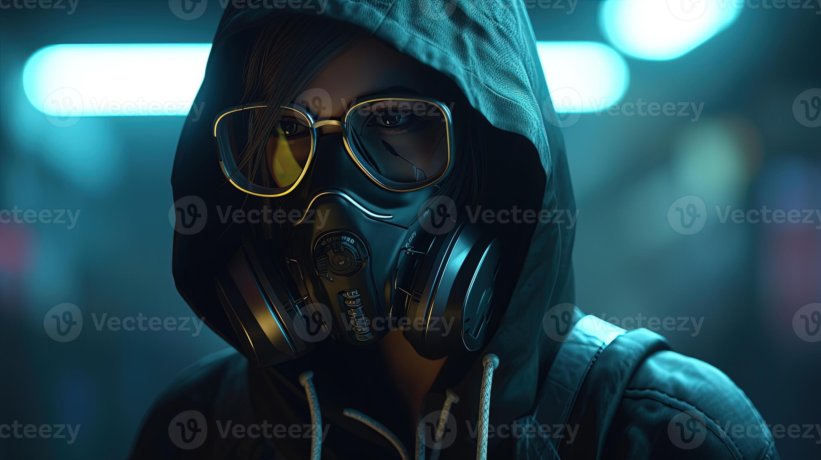 cyberpunk ragazza indossare gas maschera e felpa, digitale arte  illustrazione, generativo ai 23433199 Stock Photo su Vecteezy