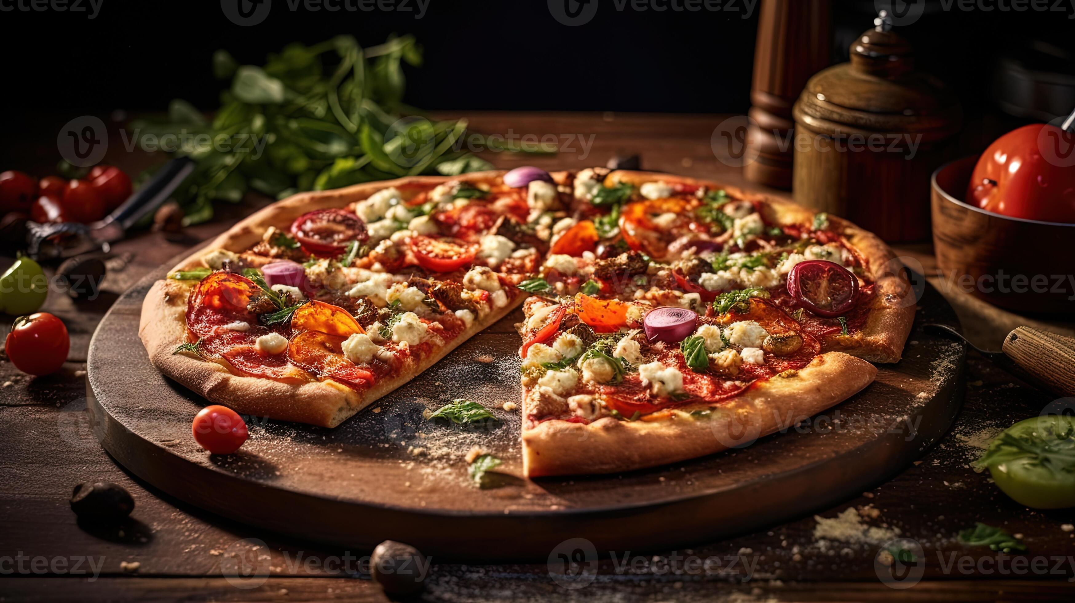 mediterraneo stile Pizza condimenti su di legno taglio tavola per cibo  pronto per mangiare concetto. cibo fotografia, generativo ai. 24281355 Stock  Photo su Vecteezy