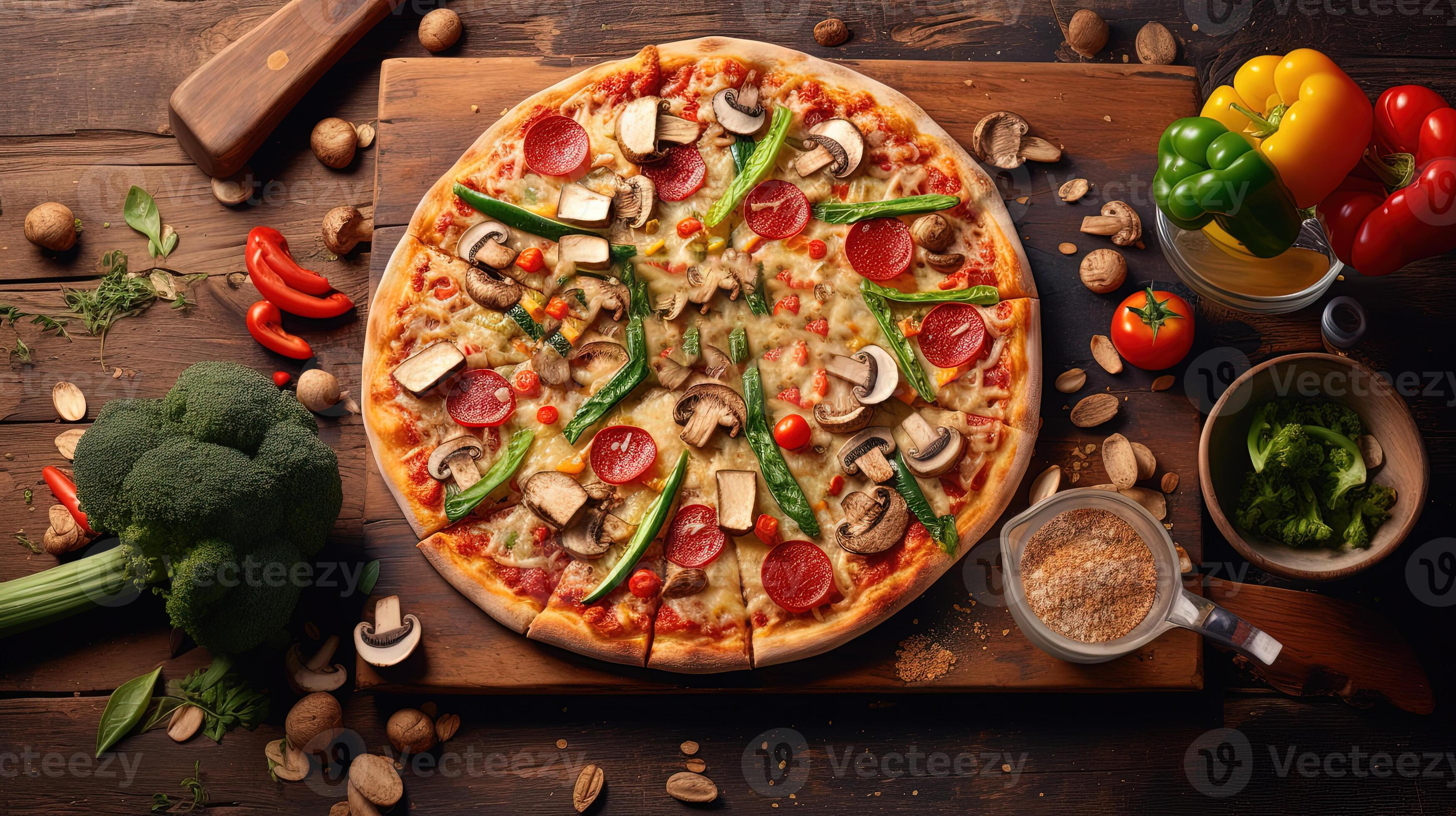 delizioso veggie supremo Pizza con peperoni su di legno tavolo