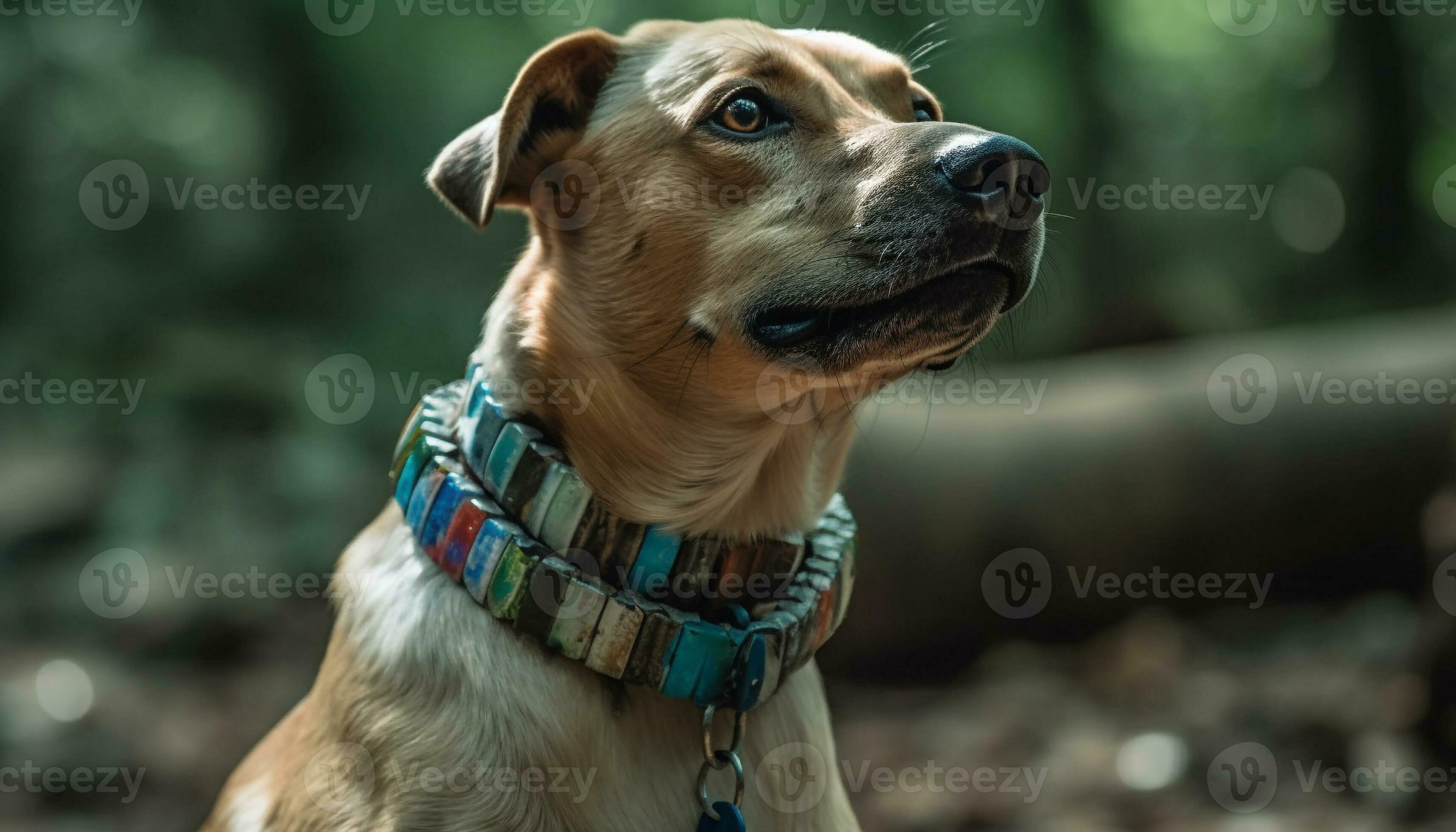 carino di razza cane seduta nel erba, guardare a telecamera all'aperto  generato di ai 25083965 Stock Photo su Vecteezy