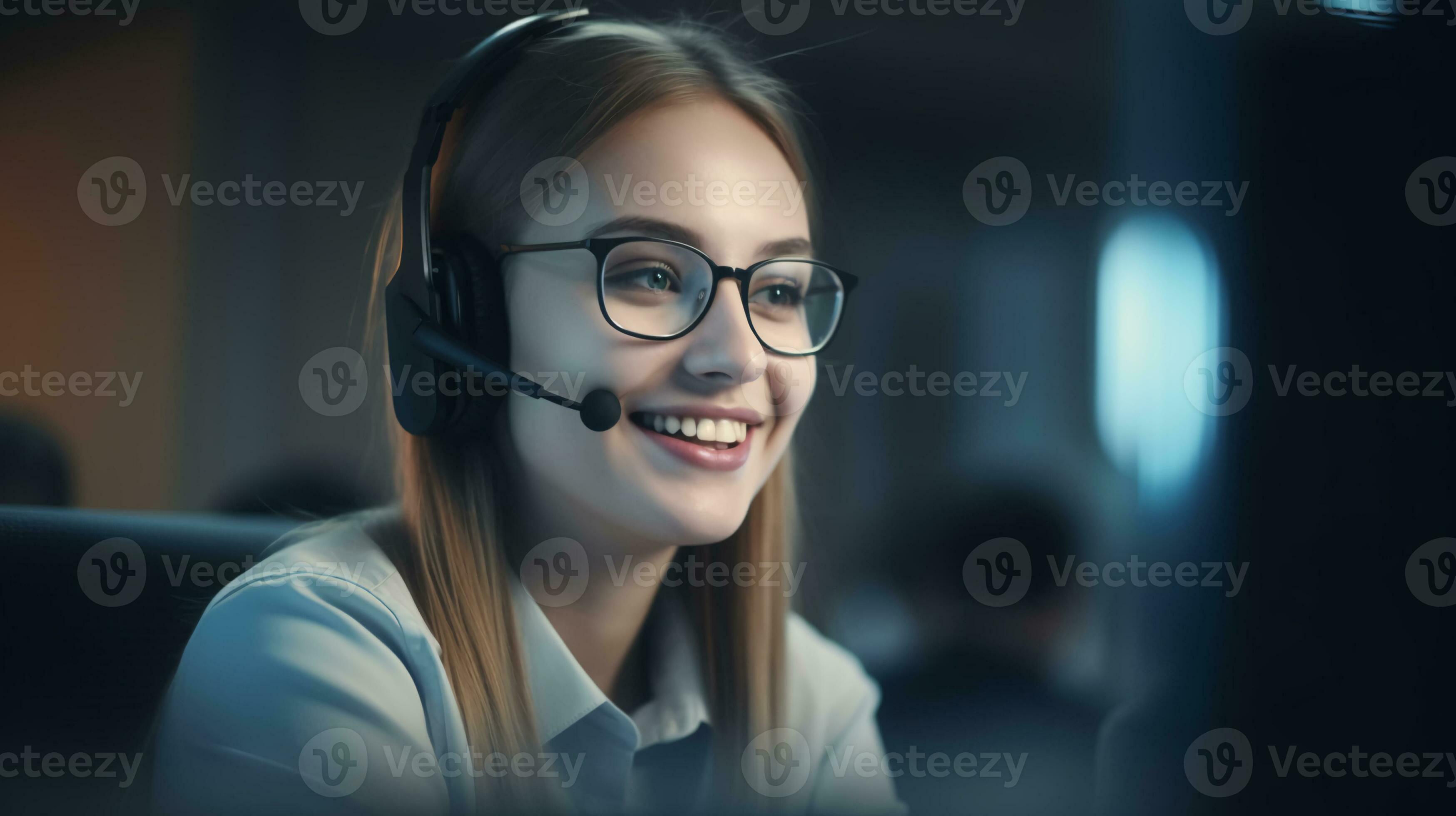 bellissimo donna chiamata centro lavoratore nel cuffie nel il ufficio  lavori a un' computer. il concetto di cliente servizio. ai generato  25236486 Stock Photo su Vecteezy