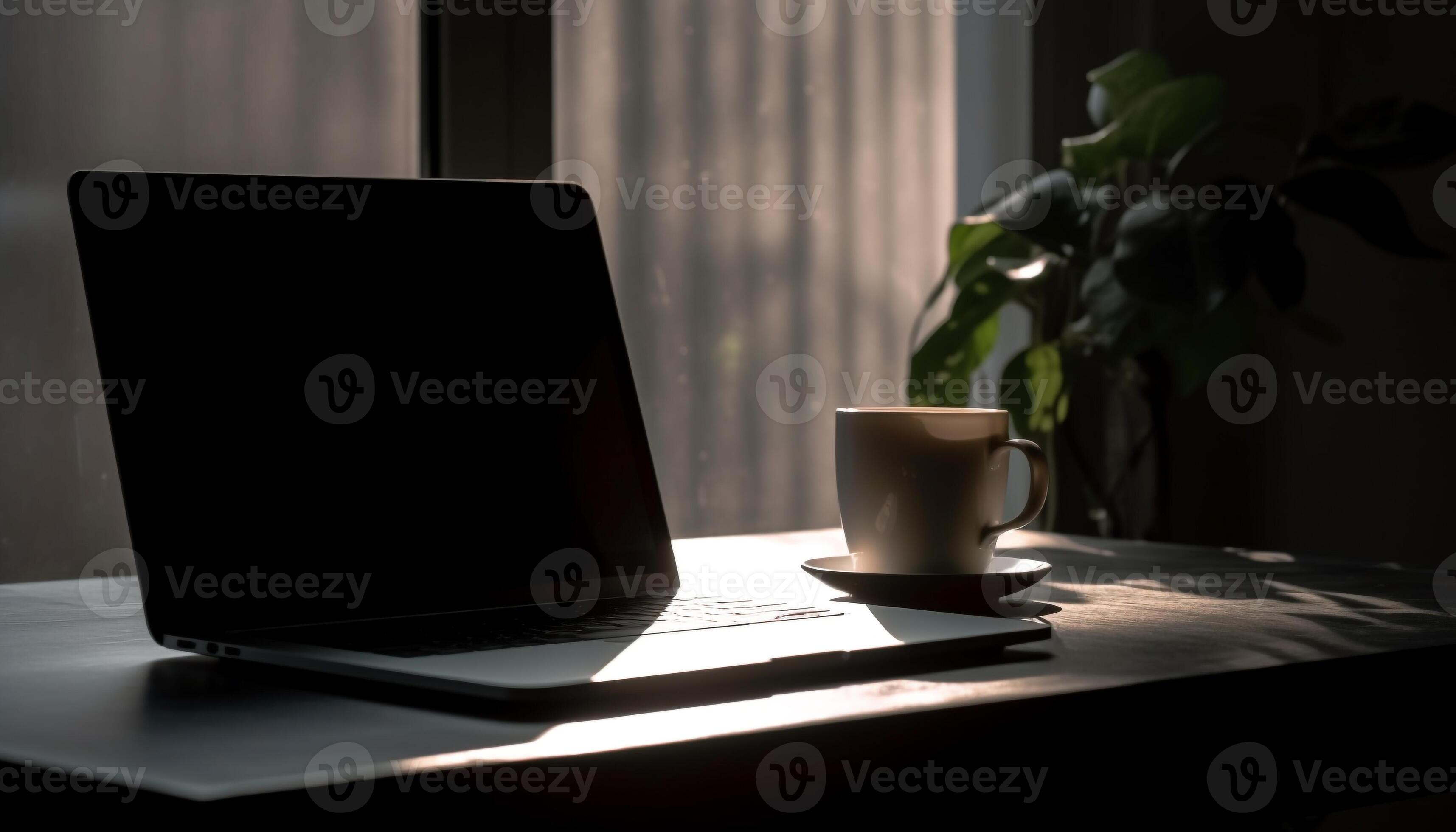 caffè tazza su scrivania, il computer portatile e finestra generato di ai  25484029 Stock Photo su Vecteezy