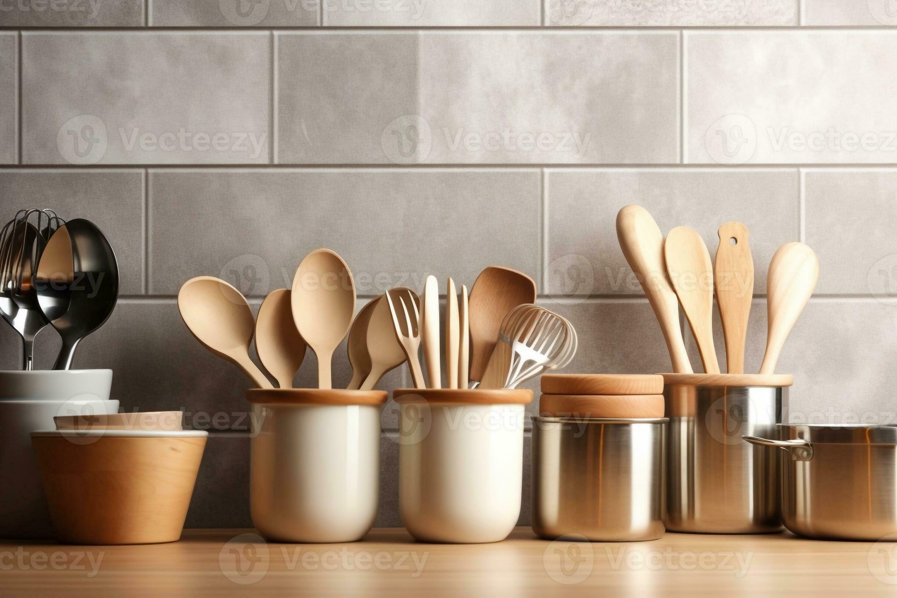 stoviglie, stoviglie, utensili e altro diverso cose su di legno tavolo.  cucina ancora vita come sfondo per design. generativo ai 26461246 Stock  Photo su Vecteezy