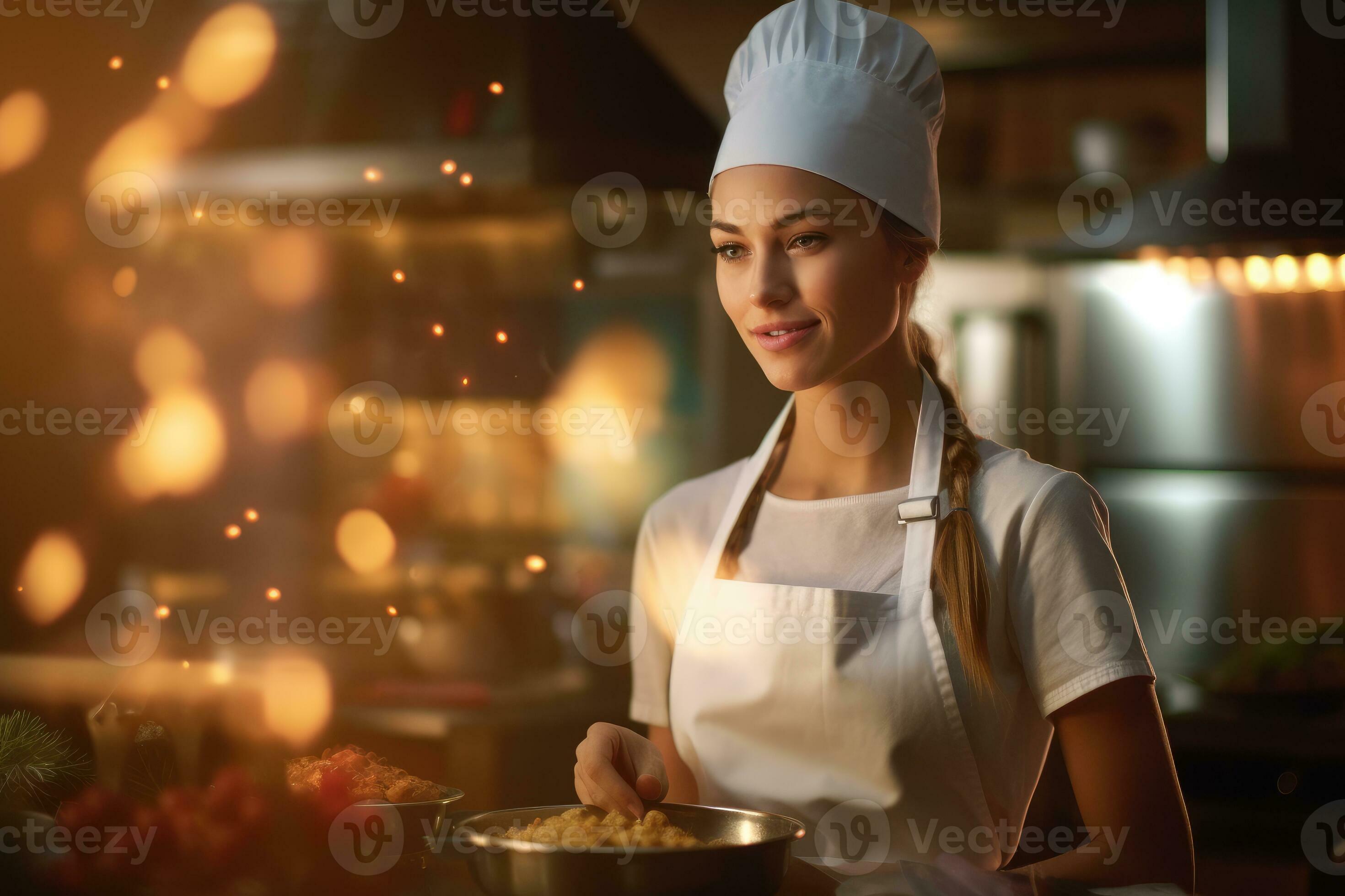 un' vicino - su tiro di un' giovane donna indossare un' dello chef cappello  e grembiule mentre preparazione un' delizioso pasto nel un' bene -  attrezzata cucina. generativo ai 26812142 Stock Photo su Vecteezy