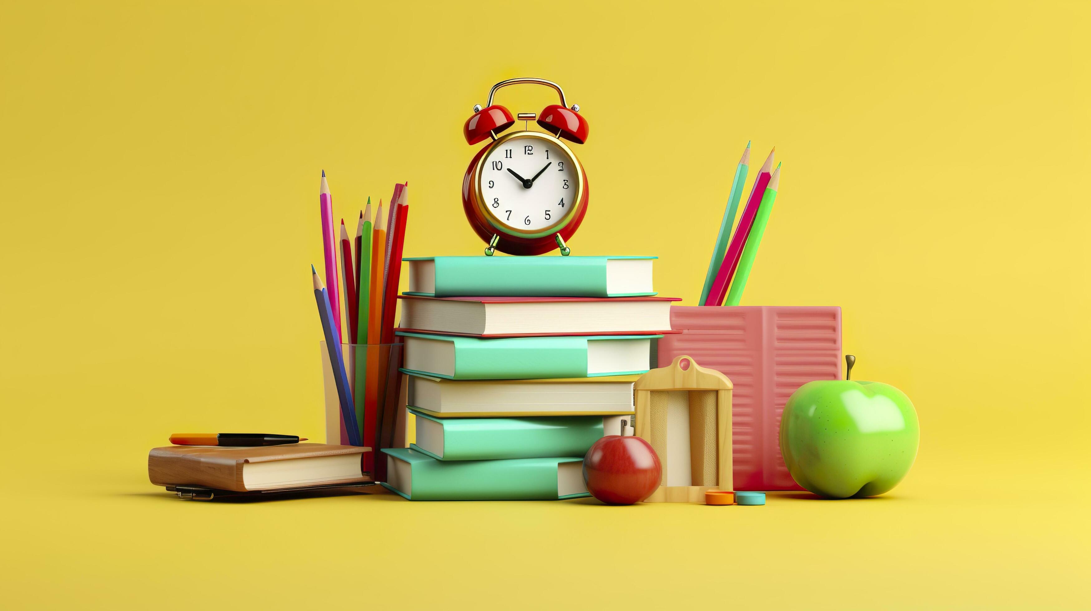 pop arte illustrazione di scuola Accessori con mele, libri, e un allarme  orologio su il scuola sfondo. indietro per scuola concetto. 3d rendering,  ai generativo 26843274 Stock Photo su Vecteezy