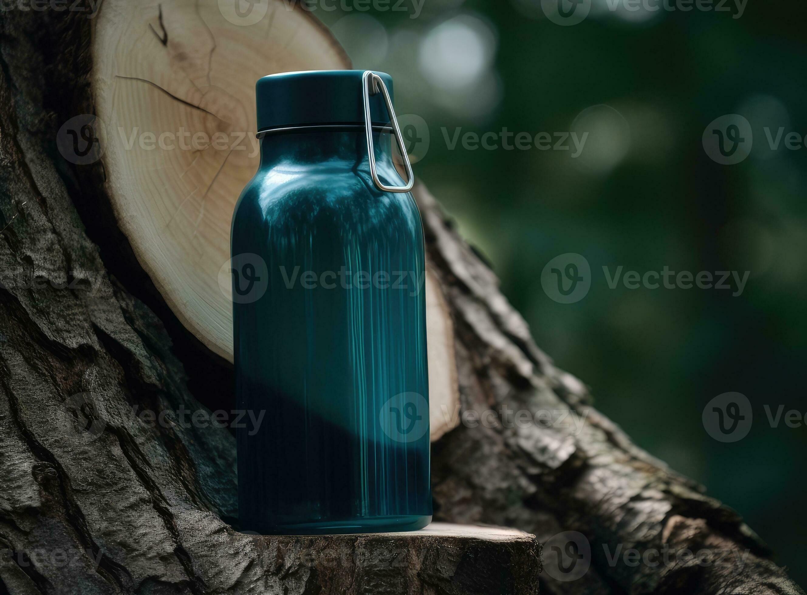 thermos e alluminio caldo bevanda boccale con crescente vapore all'aperto.  campeggio vuoto borraccia e ferro tazza in piedi su albero ceppo nel  piovoso, freddo tempo atmosferico. creato con generativo ai tecnologia.  26954338