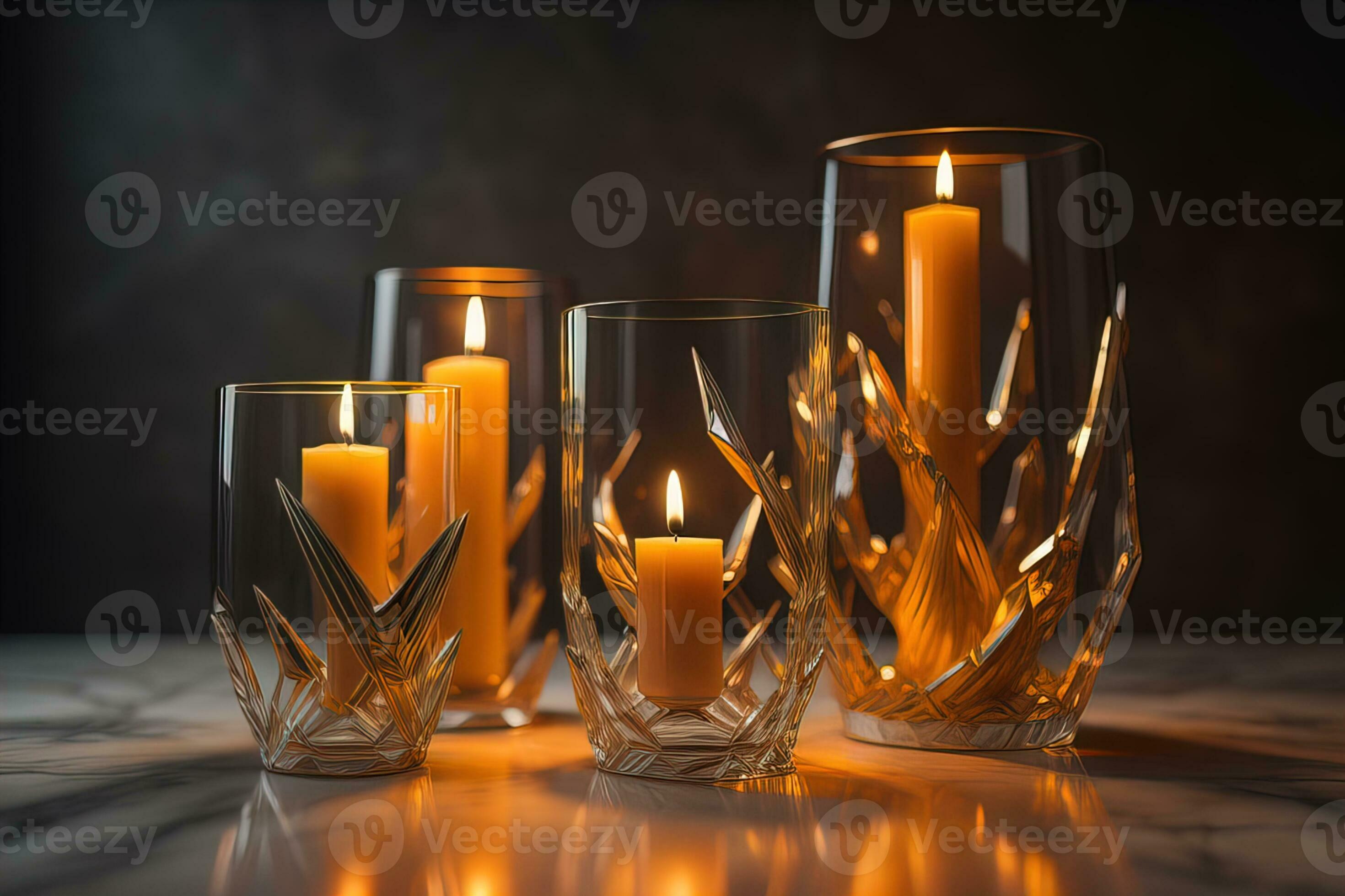 ardente candele nel bicchieri su di legno tavolo, avvicinamento. spazio per  testo. ai generativo 27065063 Stock Photo su Vecteezy