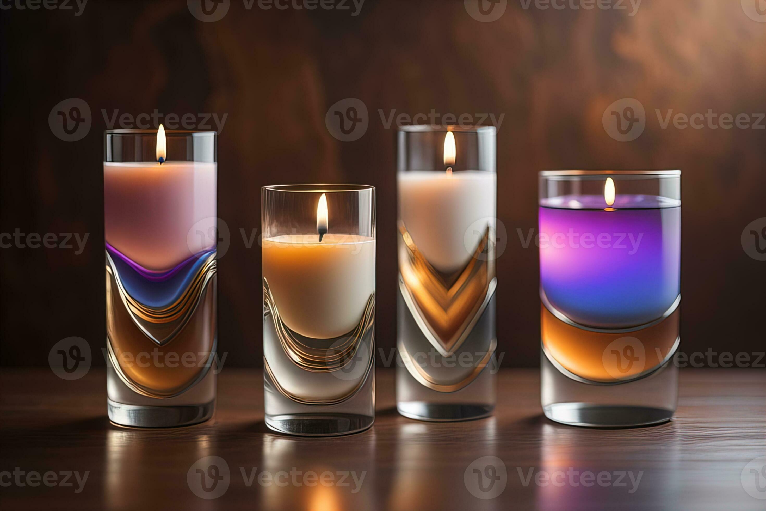 ardente candele nel bicchieri su di legno tavolo, avvicinamento. spazio per  testo. ai generativo 27480378 Stock Photo su Vecteezy