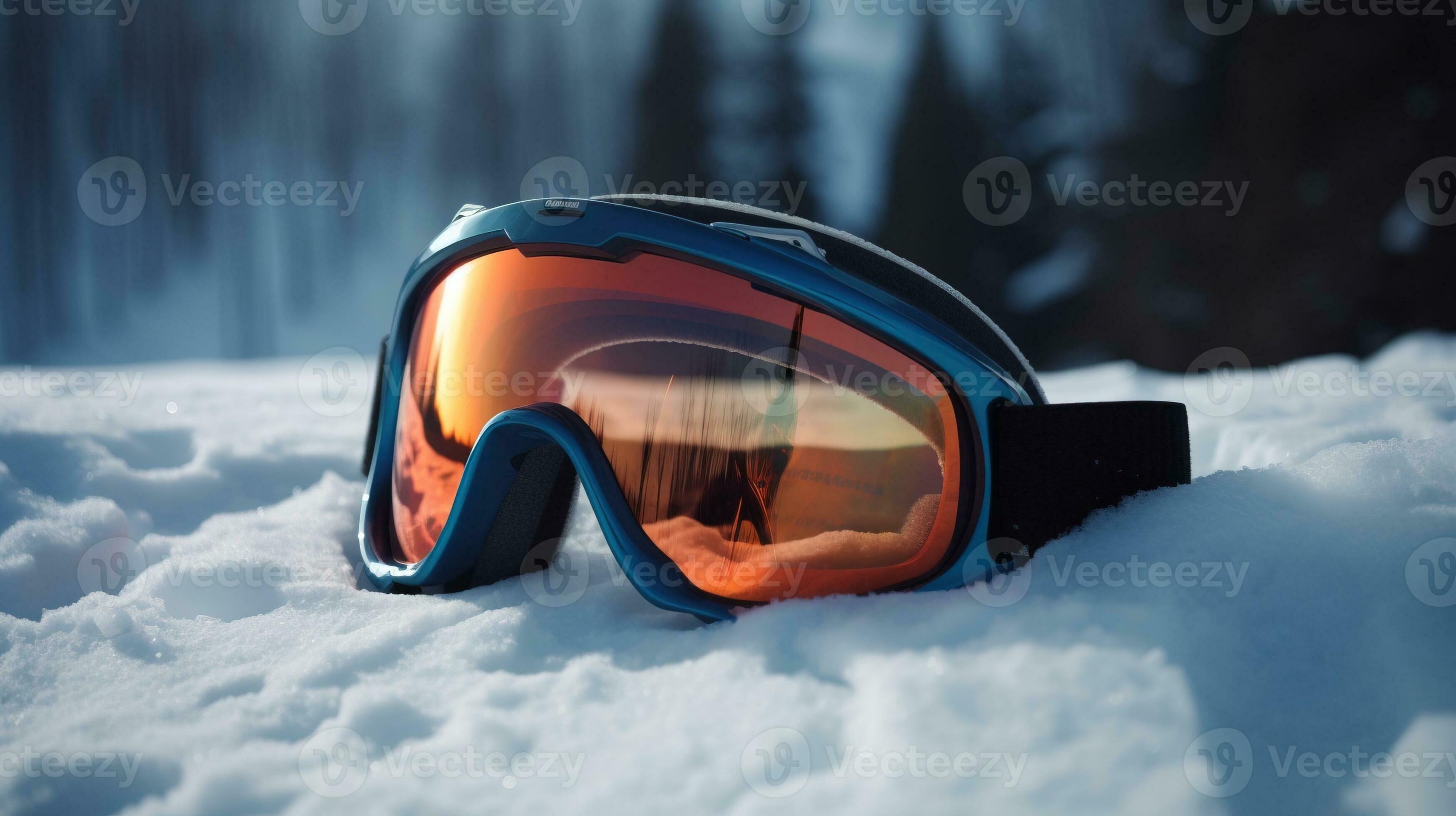 sciare occhiali su neve avvicinamento, montagna sfondo. attivo