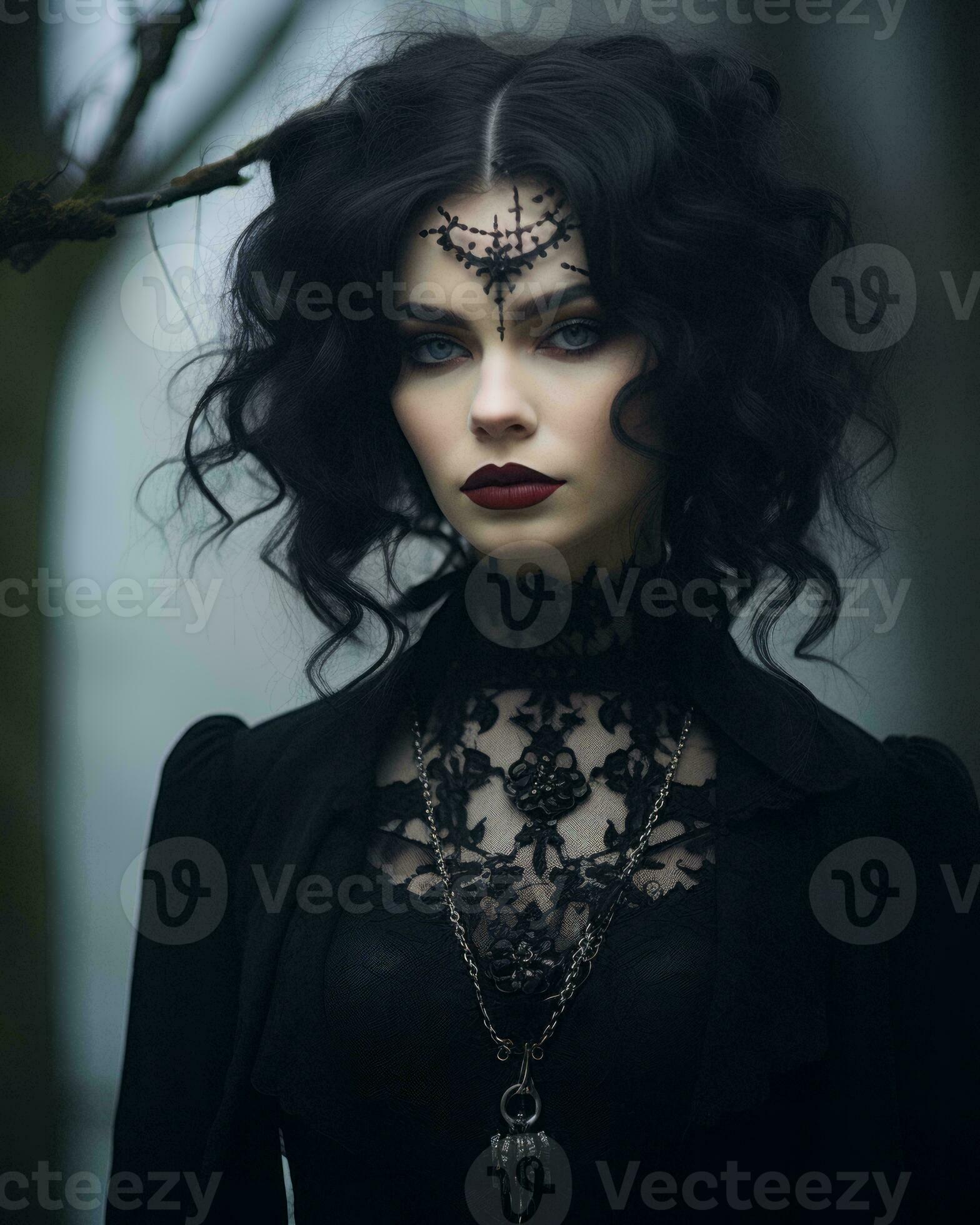 bellissimo Gotico donna con nero capelli e buio trucco generativo