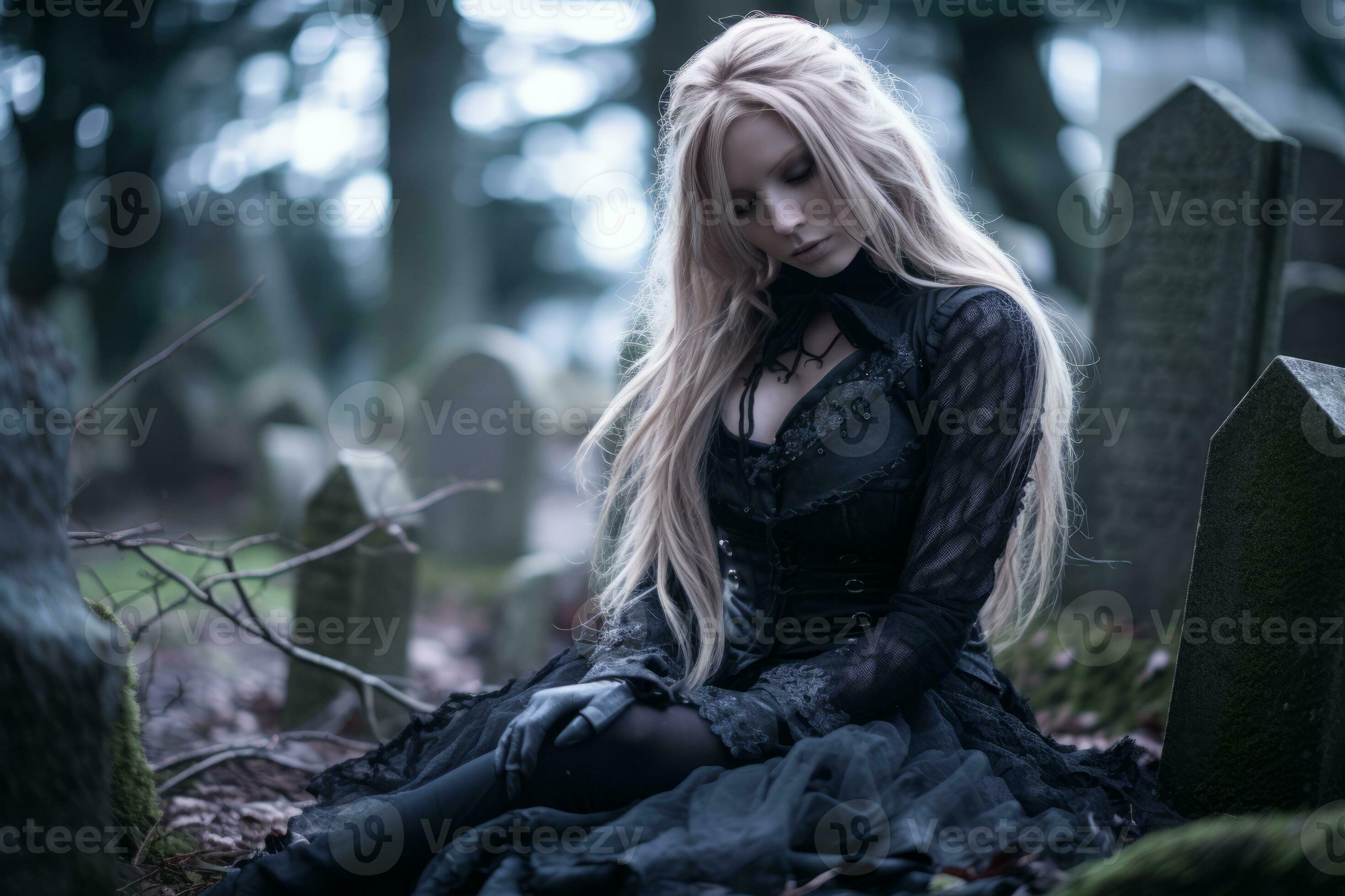 Gotico donna nel nero vestito seduta su lapidi generativo ai
